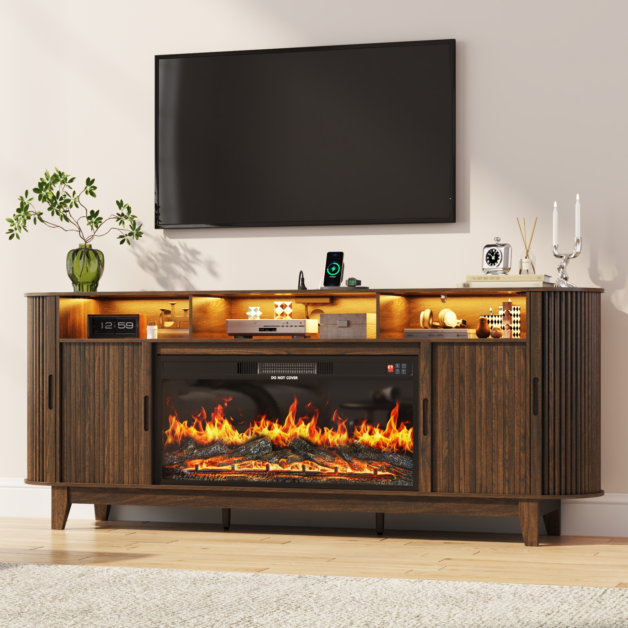 Blotout 81'' LED Fireplace TV Stand with 36'' Fireplace & Power Outlet for 85/90''TV, Modern Entertainment Center with Fluted Sliding Door & Curved Side Cabinets, Wooden Media Console for Living Room