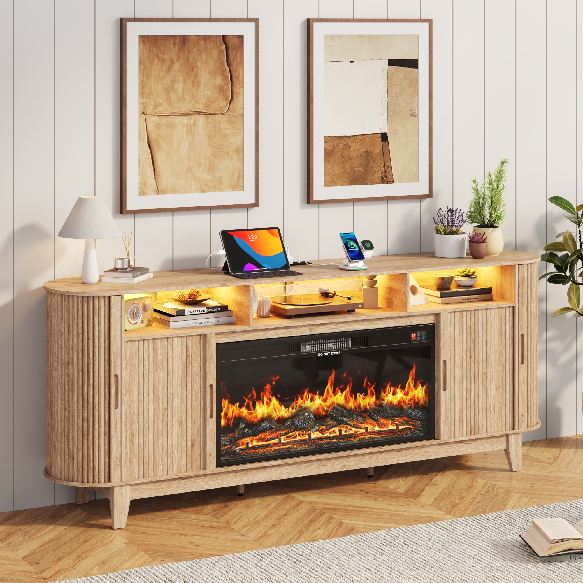 Blotout 81'' LED Fireplace TV Stand with 36'' Fireplace & Power Outlet for 85/90''TV, Modern Entertainment Center with Fluted Sliding Door & Curved Side Cabinets, Wooden Media Console for Living Room