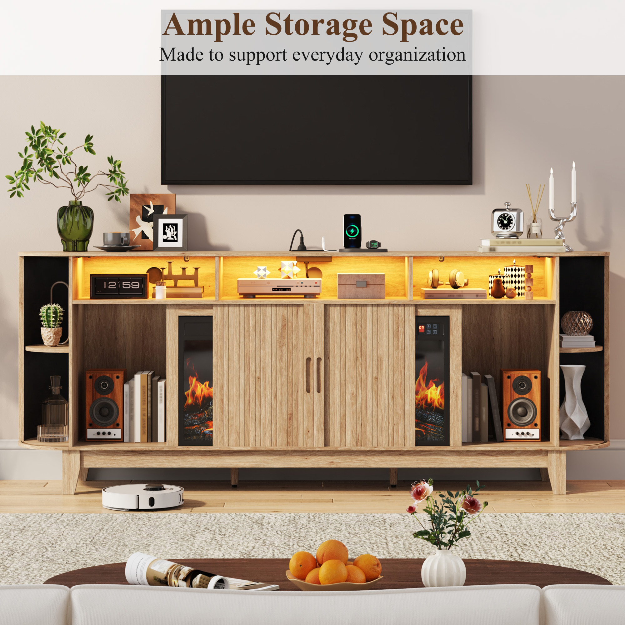 Blotout 81'' LED Fireplace TV Stand with 36'' Fireplace & Power Outlet for 85/90''TV, Modern Entertainment Center with Fluted Sliding Door & Curved Side Cabinets, Wooden Media Console for Living Room