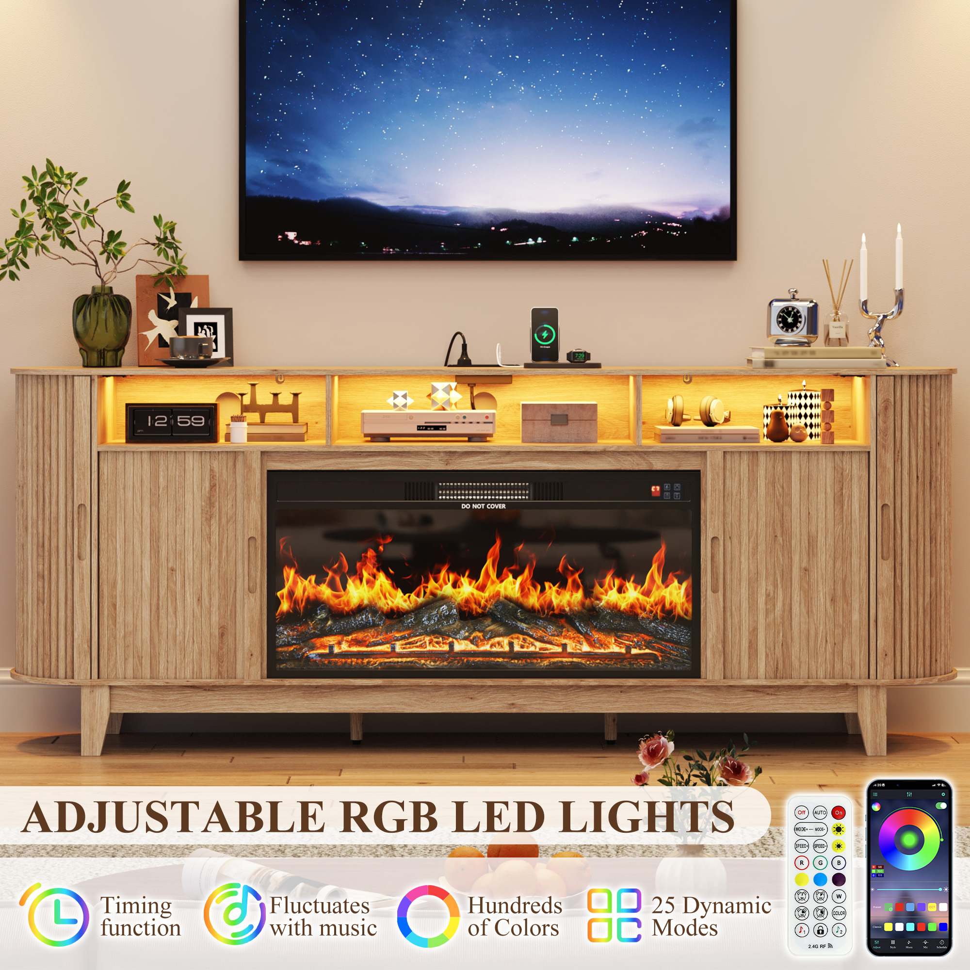 Blotout 81'' LED Fireplace TV Stand with 36'' Fireplace & Power Outlet for 85/90''TV, Modern Entertainment Center with Fluted Sliding Door & Curved Side Cabinets, Wooden Media Console for Living Room