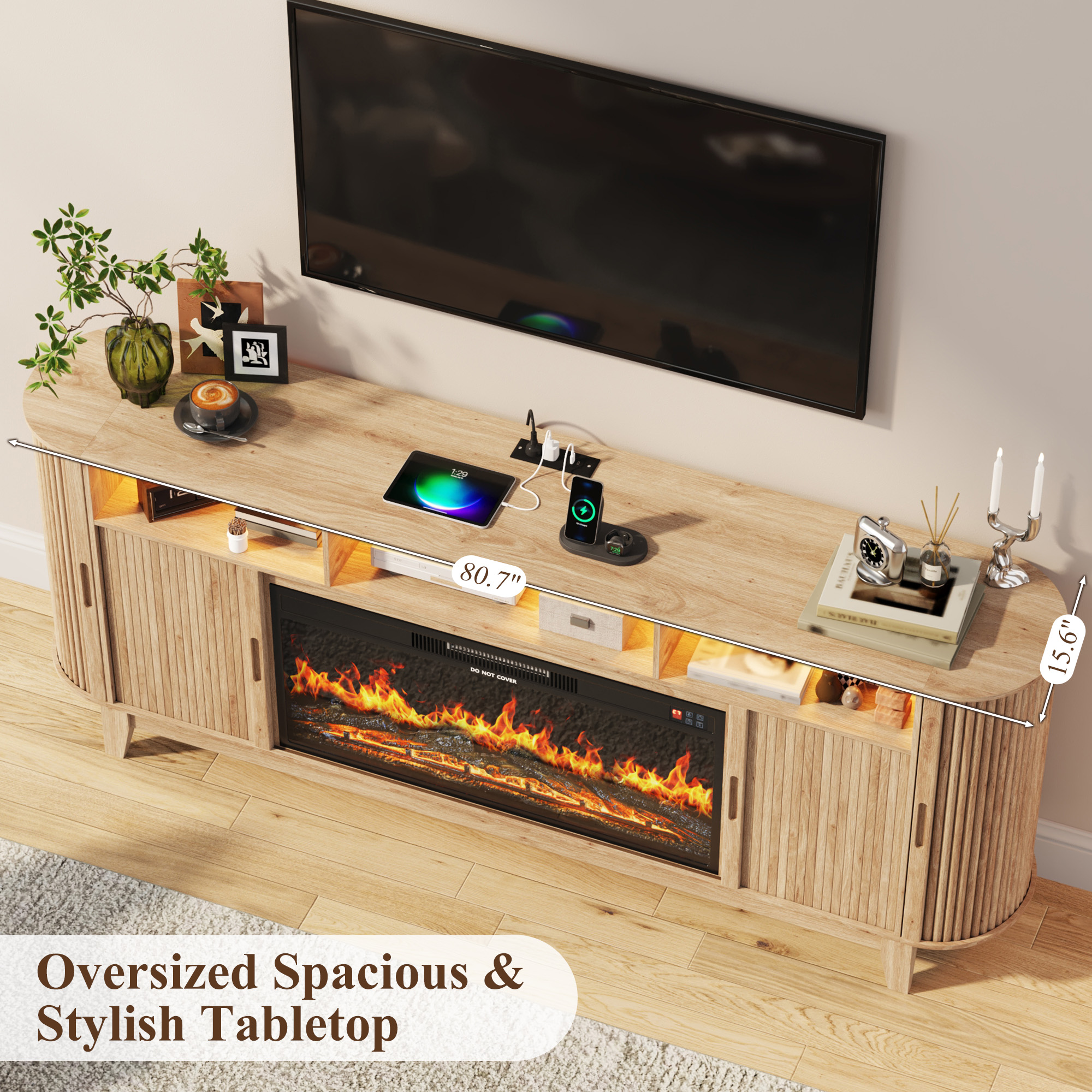 Blotout 81'' LED Fireplace TV Stand with 36'' Fireplace & Power Outlet for 85/90''TV, Modern Entertainment Center with Fluted Sliding Door & Curved Side Cabinets, Wooden Media Console for Living Room