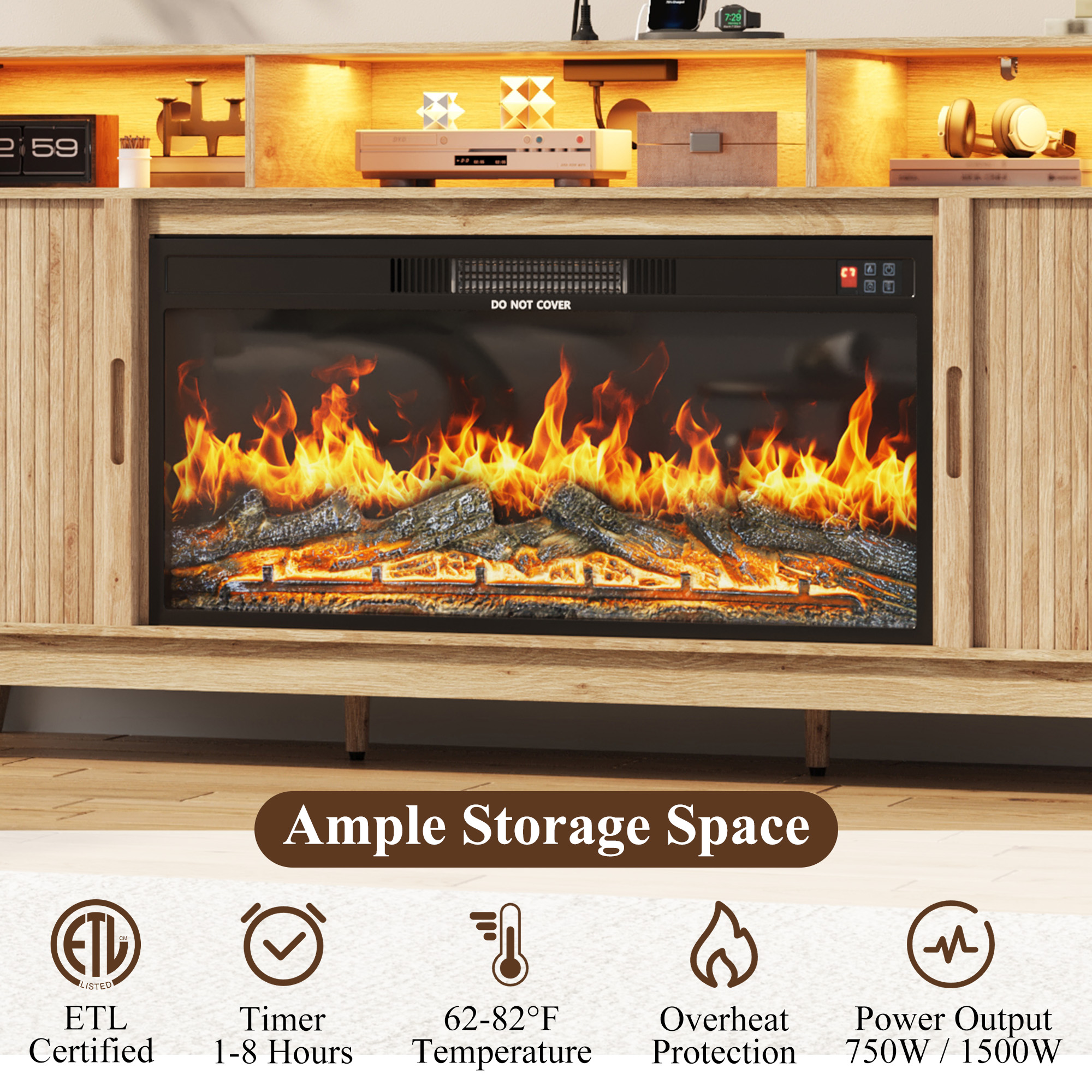 Blotout 81'' LED Fireplace TV Stand with 36'' Fireplace & Power Outlet for 85/90''TV, Modern Entertainment Center with Fluted Sliding Door & Curved Side Cabinets, Wooden Media Console for Living Room