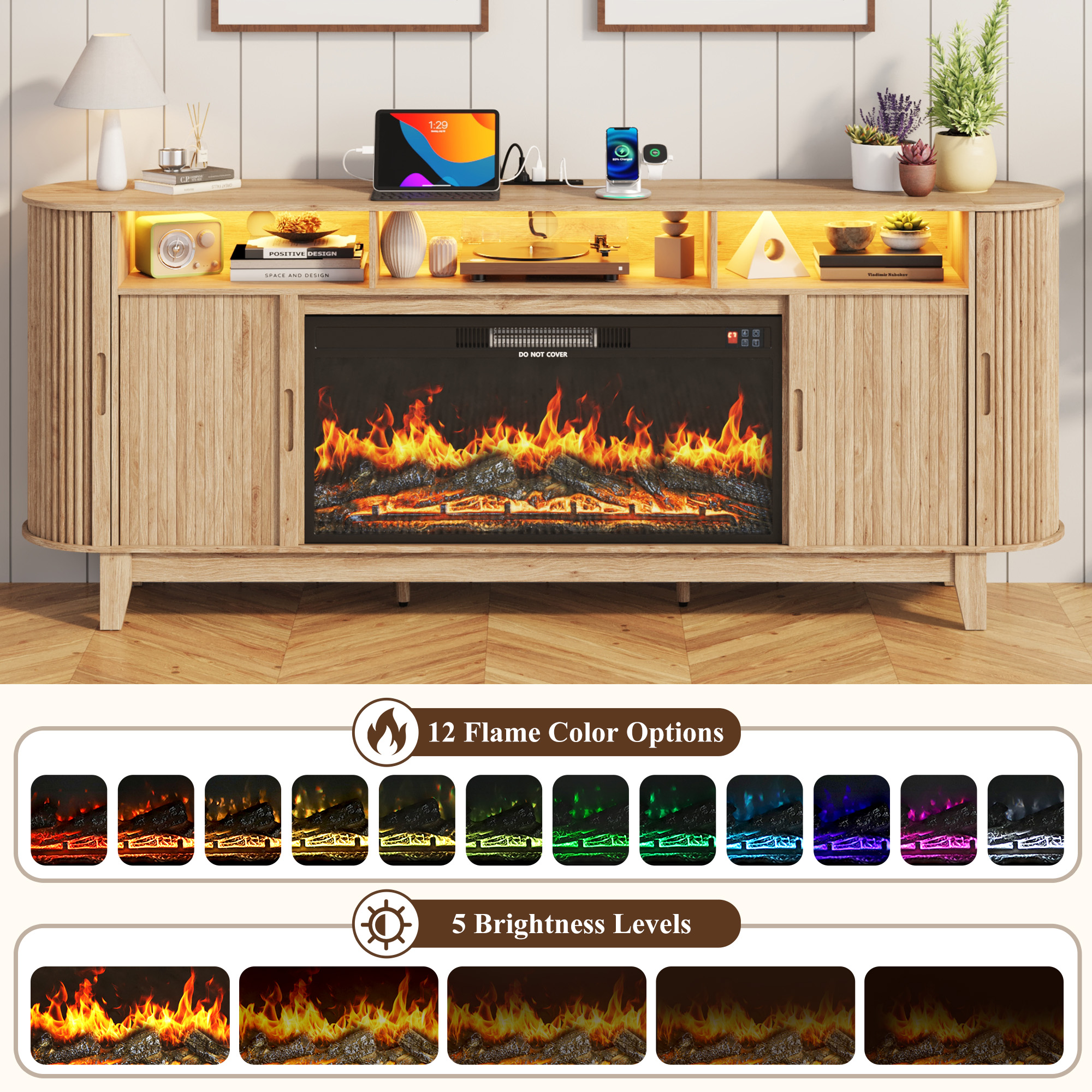 Blotout 81'' LED Fireplace TV Stand with 36'' Fireplace & Power Outlet for 85/90''TV, Modern Entertainment Center with Fluted Sliding Door & Curved Side Cabinets, Wooden Media Console for Living Room