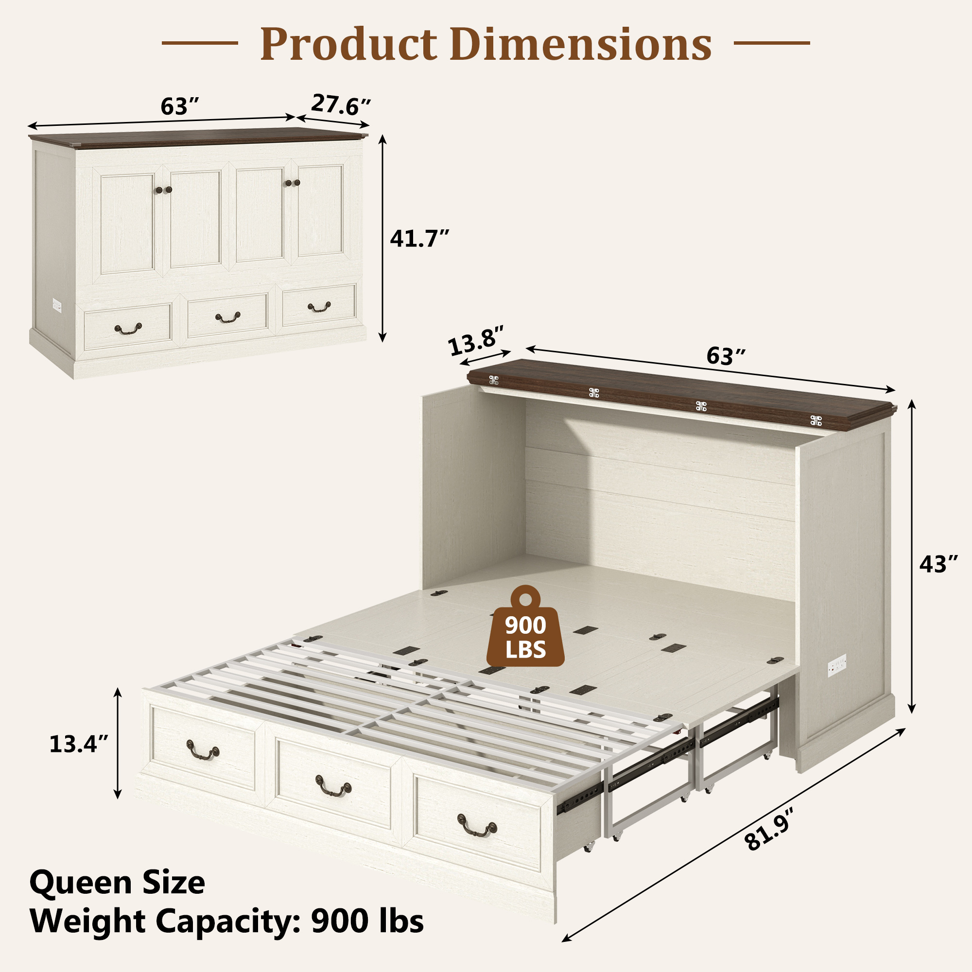 Murphy Cabinet Bed with Large Drawer and Power Charging Station,Farmhouse Chest Bed for Living Room/Guest Room, No Wall Mounting Required