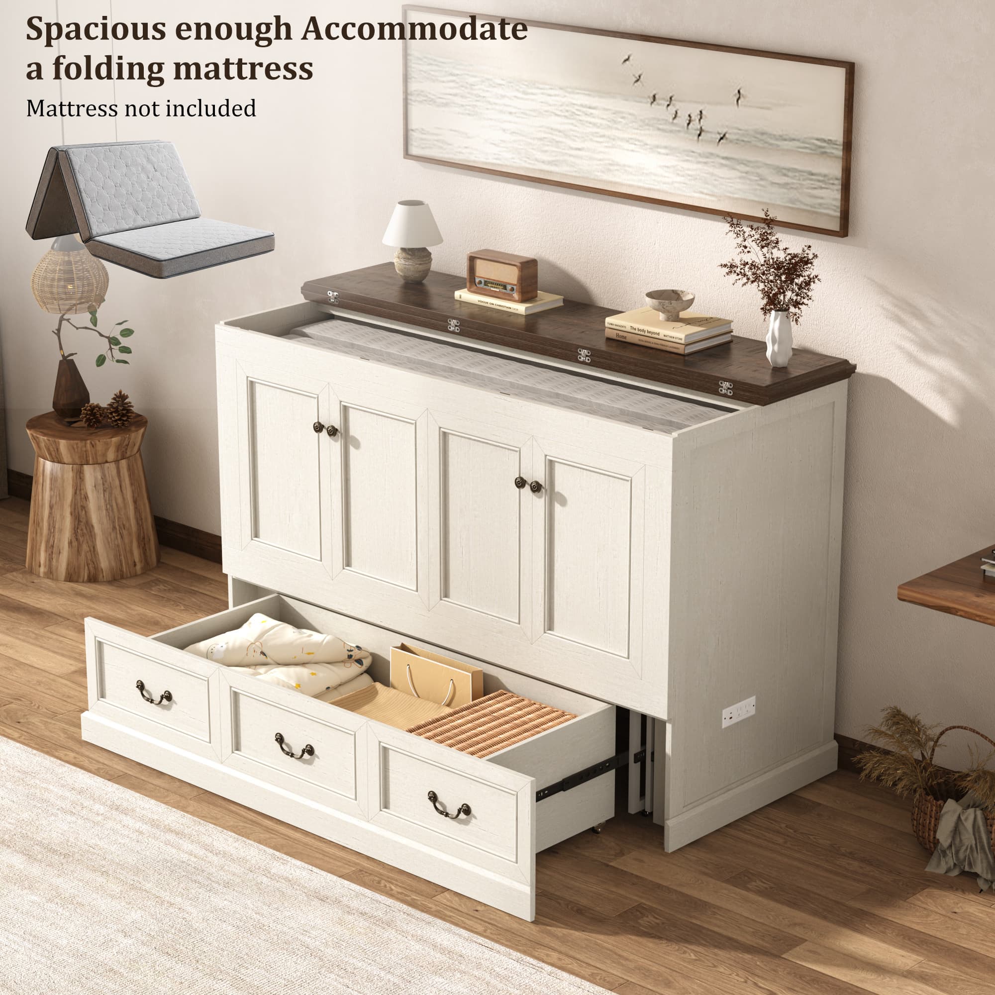 Murphy Cabinet Bed with Large Drawer and Power Charging Station,Farmhouse Chest Bed for Living Room/Guest Room, No Wall Mounting Required