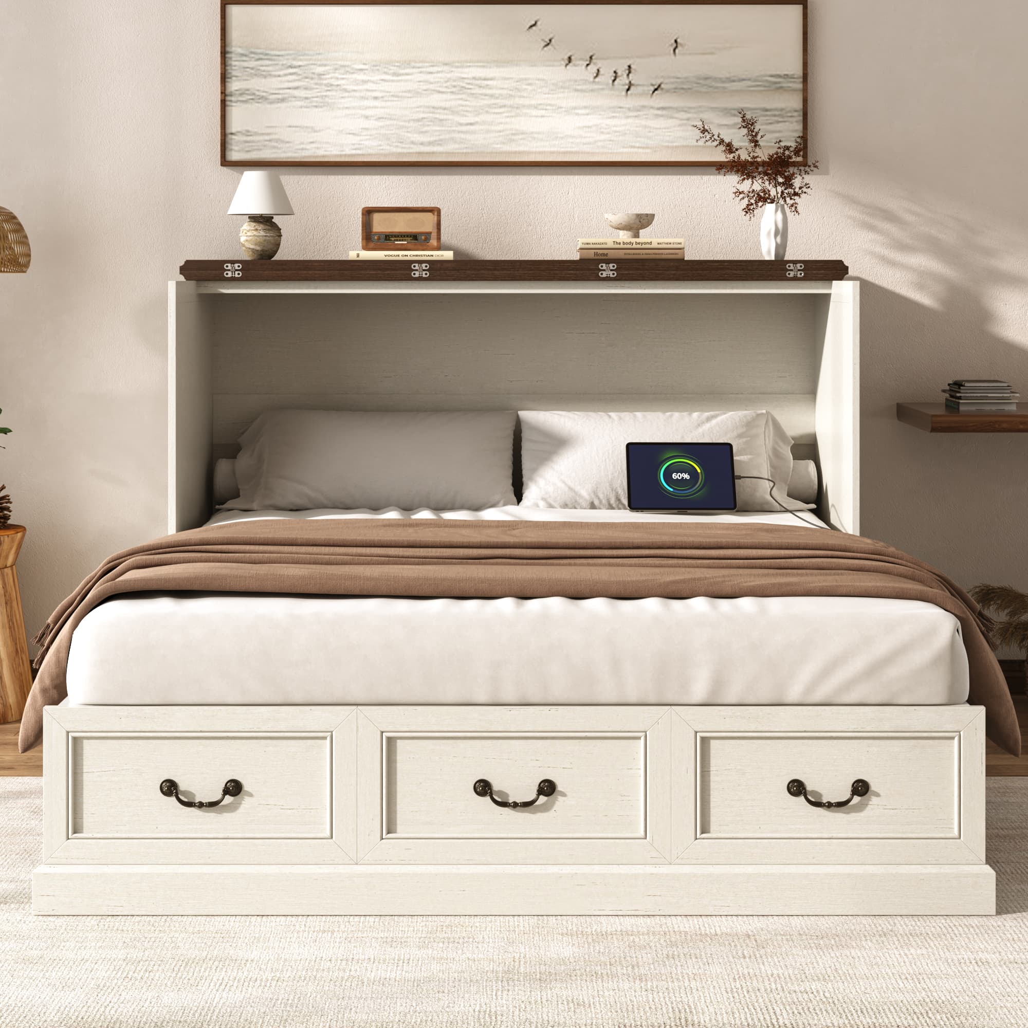 Murphy Cabinet Bed with Large Drawer and Power Charging Station,Farmhouse Chest Bed for Living Room/Guest Room, No Wall Mounting Required