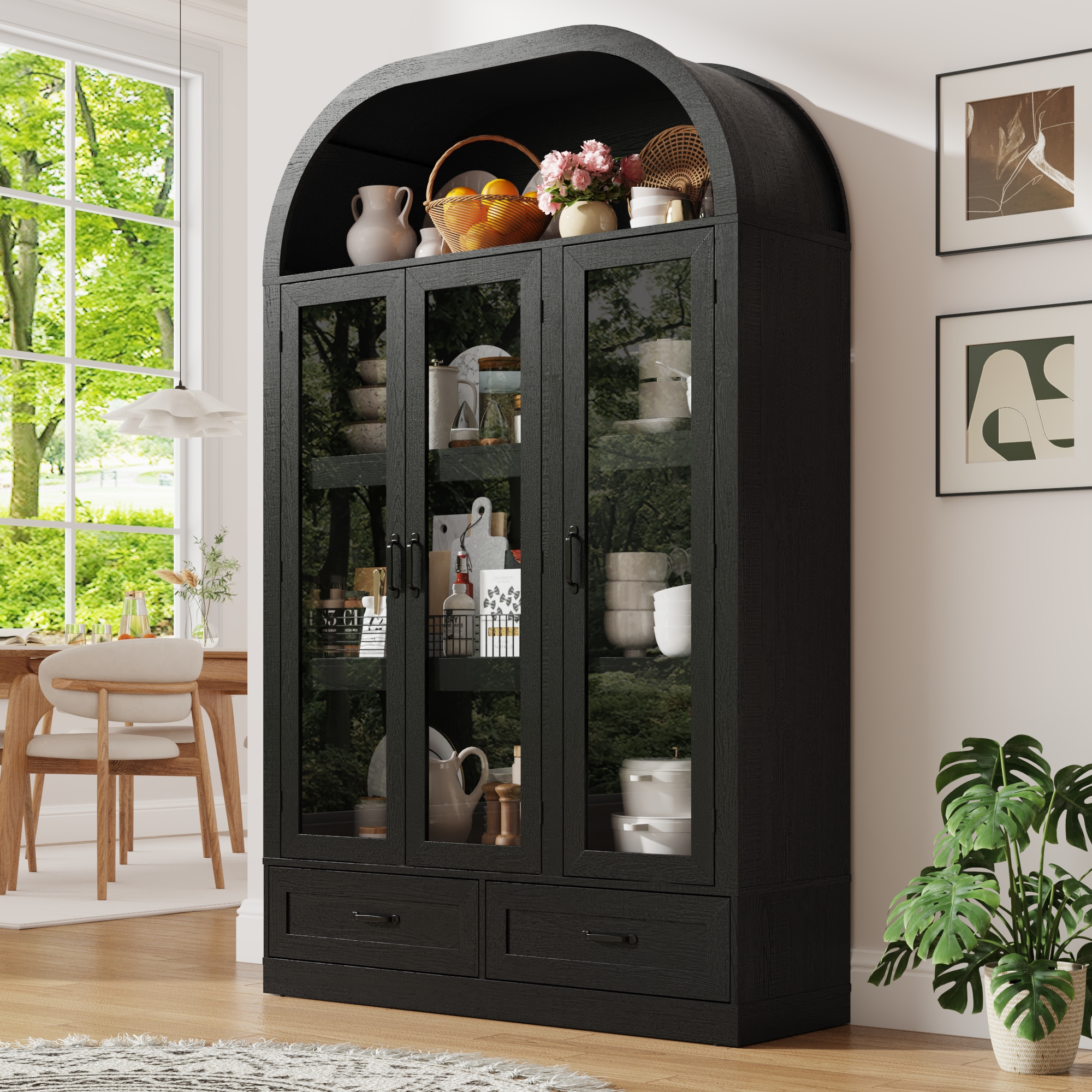 Blotout 3 Door Arched Kitchen Pantry Storage Cabinet, 73" Tall Farmhouse Wood Pantry Arched Cabinet with Drawer, Glass Door and Load-Bearing Steel Pipe for Dining Room Living Room