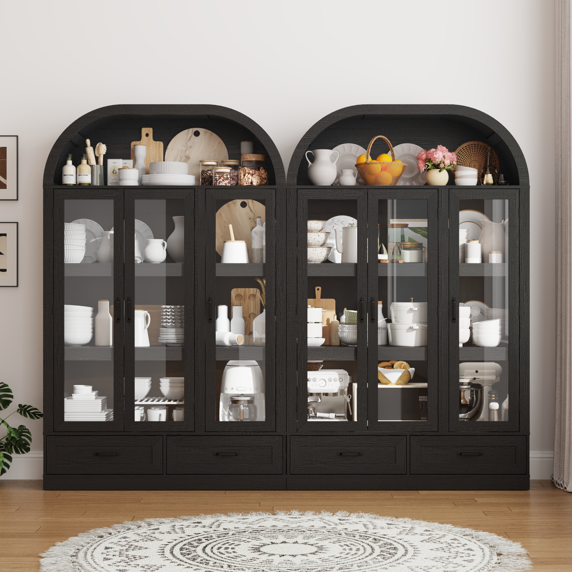 Blotout 3 Door Arched Kitchen Pantry Storage Cabinet, 73" Tall Farmhouse Wood Pantry Arched Cabinet with Drawer, Glass Door and Load-Bearing Steel Pipe for Dining Room Living Room