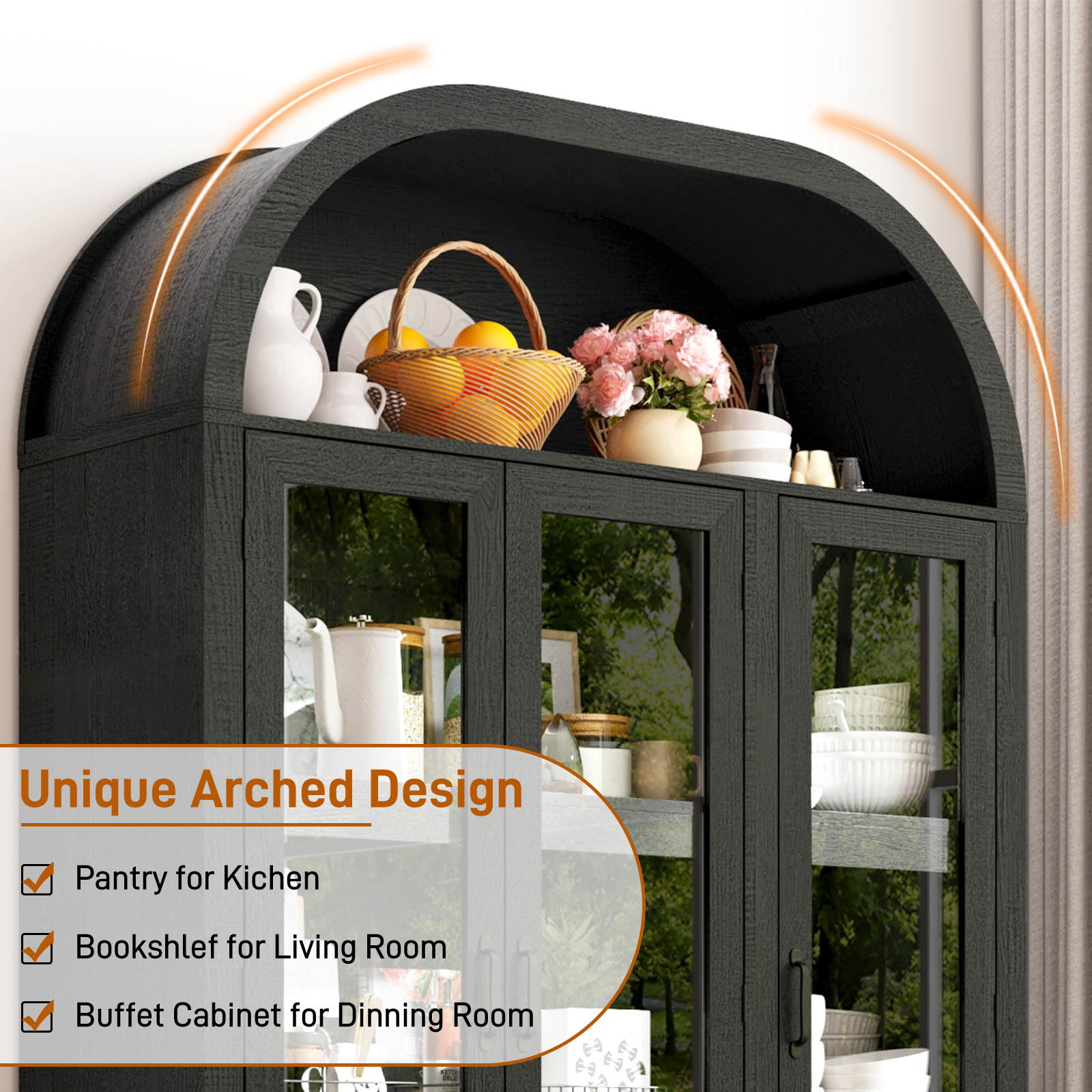 Blotout 3 Door Arched Kitchen Pantry Storage Cabinet, 73" Tall Farmhouse Wood Pantry Arched Cabinet with Drawer, Glass Door and Load-Bearing Steel Pipe for Dining Room Living Room