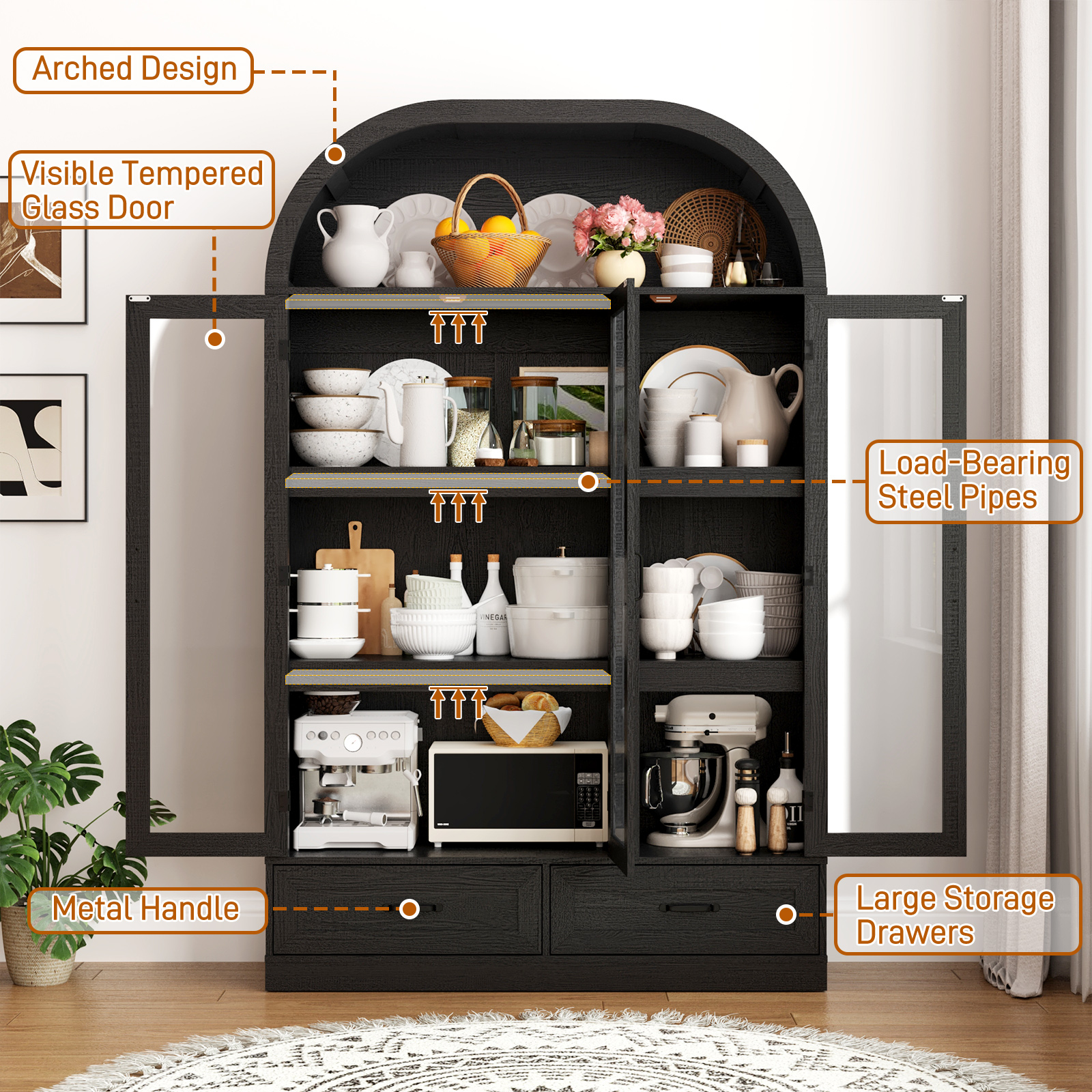 Blotout 3 Door Arched Kitchen Pantry Storage Cabinet, 73" Tall Farmhouse Wood Pantry Arched Cabinet with Drawer, Glass Door and Load-Bearing Steel Pipe for Dining Room Living Room