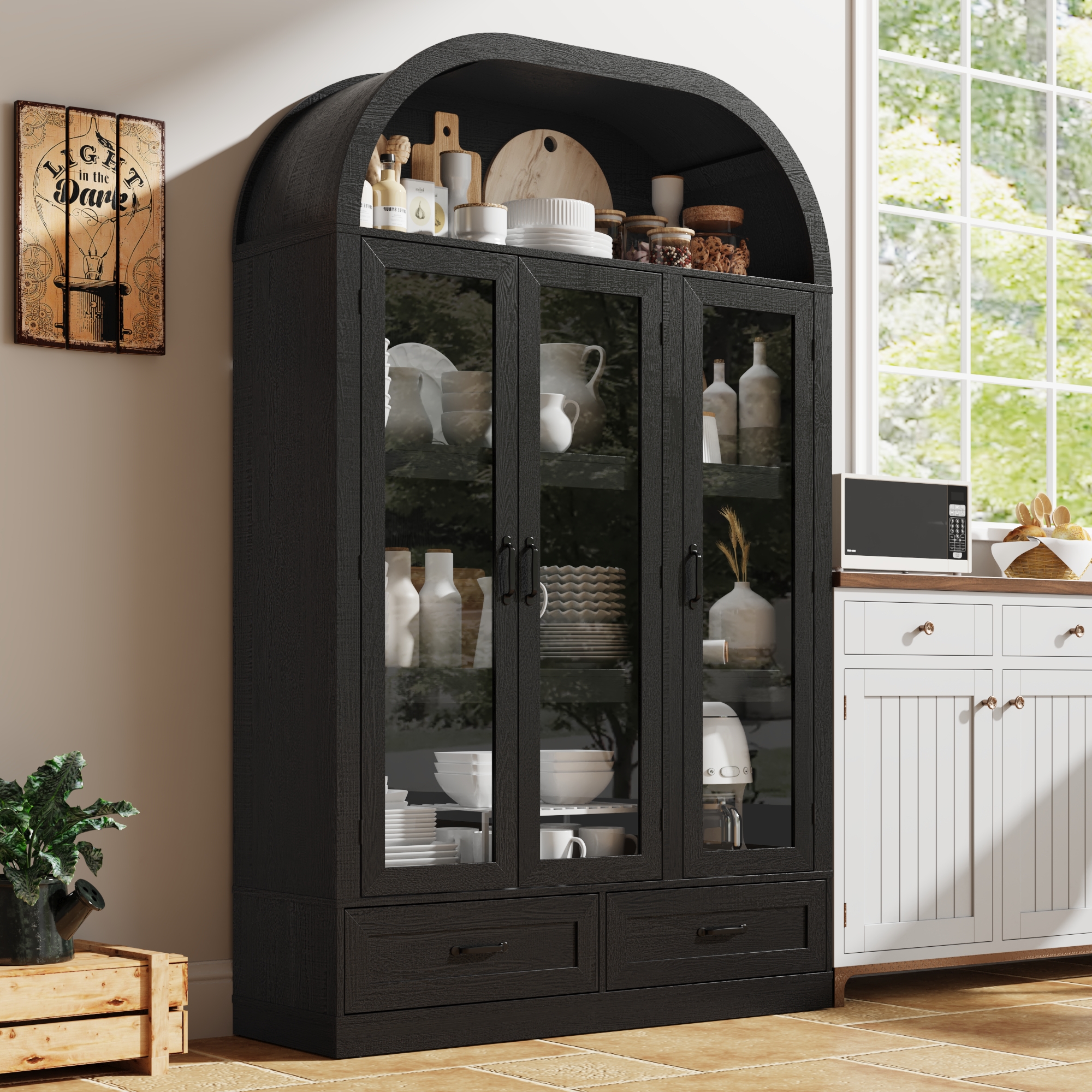 Blotout 3 Door Arched Kitchen Pantry Storage Cabinet, 73" Tall Farmhouse Wood Pantry Arched Cabinet with Drawer, Glass Door and Load-Bearing Steel Pipe for Dining Room Living Room