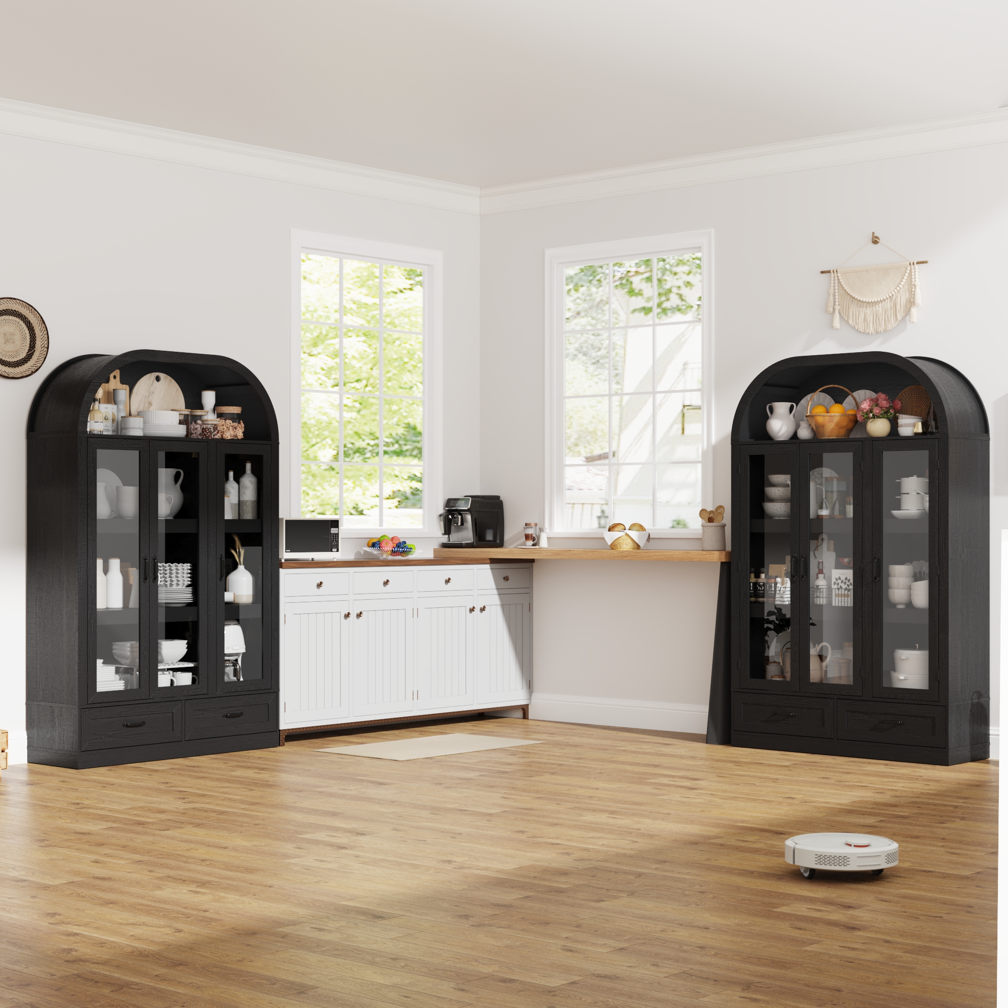 Blotout 3 Door Arched Kitchen Pantry Storage Cabinet, 73" Tall Farmhouse Wood Pantry Arched Cabinet with Drawer, Glass Door and Load-Bearing Steel Pipe for Dining Room Living Room