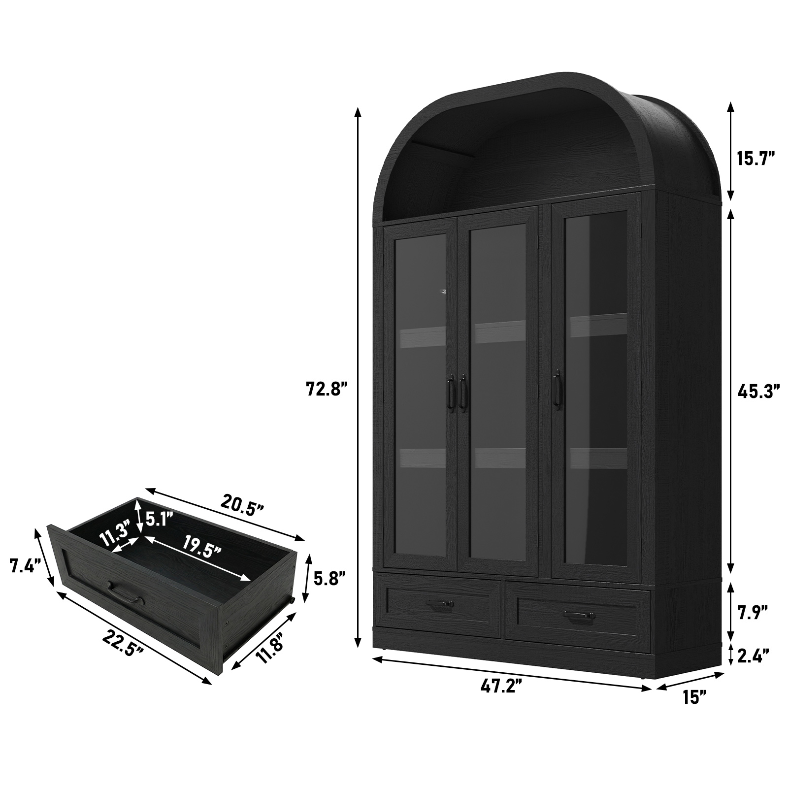 Blotout 3 Door Arched Kitchen Pantry Storage Cabinet, 73" Tall Farmhouse Wood Pantry Arched Cabinet with Drawer, Glass Door and Load-Bearing Steel Pipe for Dining Room Living Room