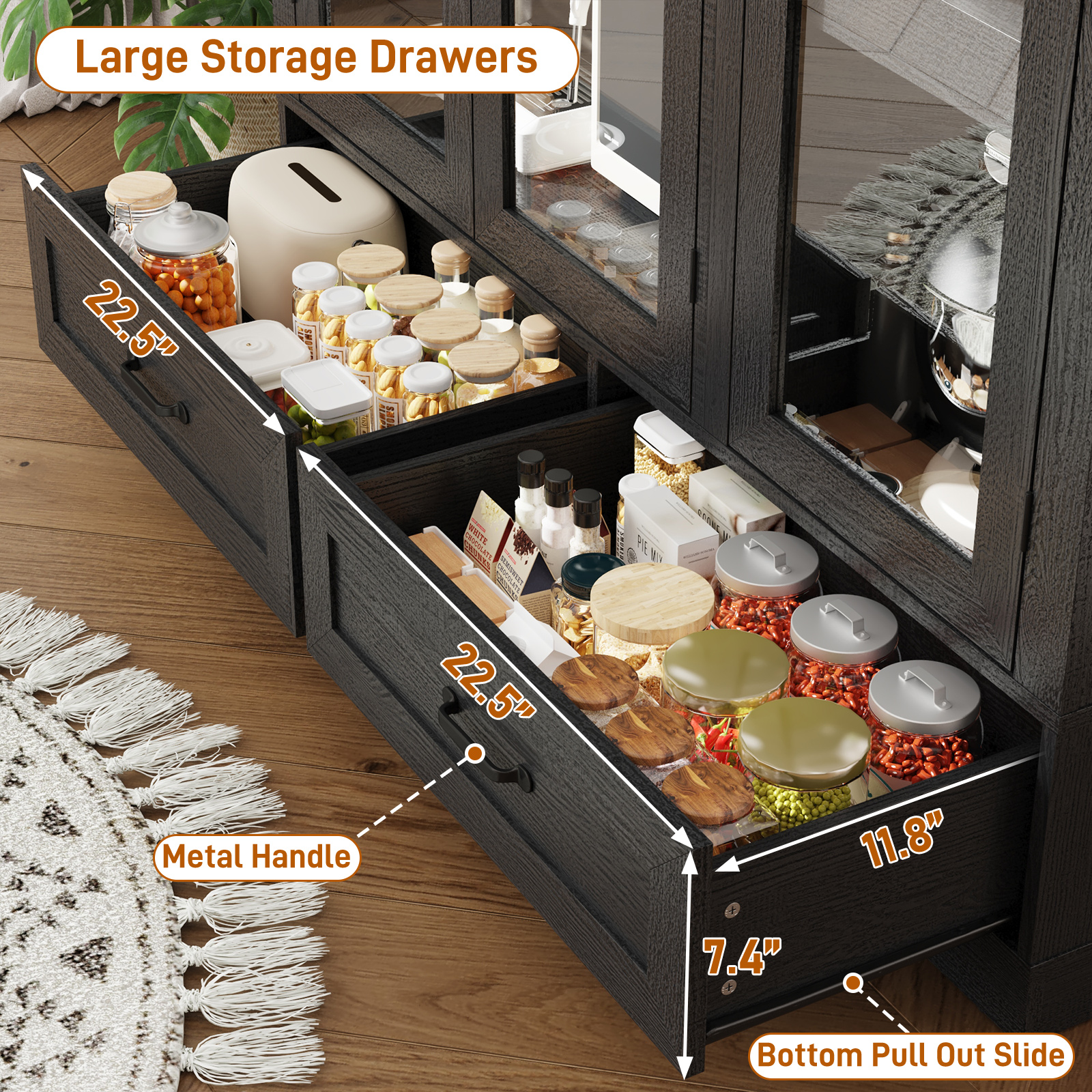 Blotout 3 Door Arched Kitchen Pantry Storage Cabinet, 73" Tall Farmhouse Wood Pantry Arched Cabinet with Drawer, Glass Door and Load-Bearing Steel Pipe for Dining Room Living Room