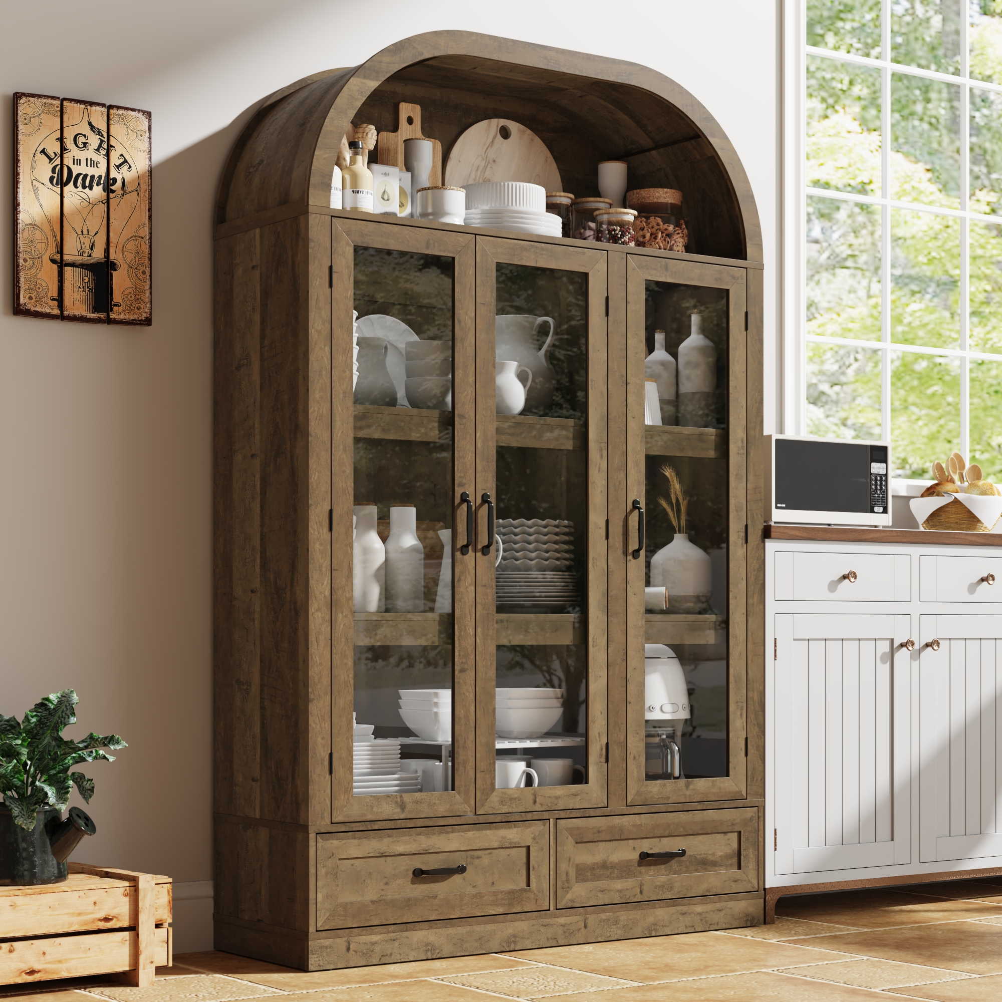 Blotout 3 Door Arched Kitchen Pantry Storage Cabinet, 73" Tall Farmhouse Wood Pantry Arched Cabinet with Drawer, Glass Door and Load-Bearing Steel Pipe for Dining Room Living Room
