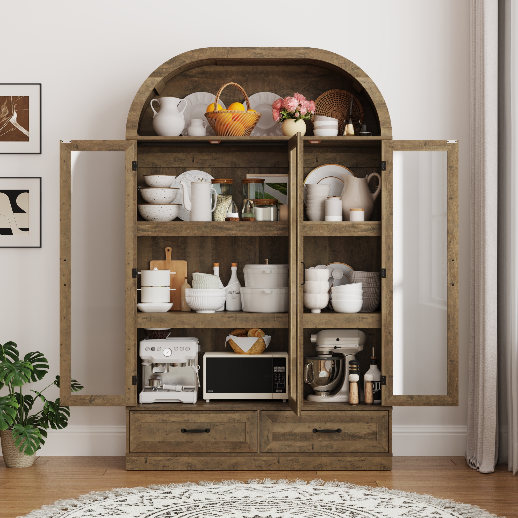Blotout 3 Door Arched Kitchen Pantry Storage Cabinet, 73" Tall Farmhouse Wood Pantry Arched Cabinet with Drawer, Glass Door and Load-Bearing Steel Pipe for Dining Room Living Room