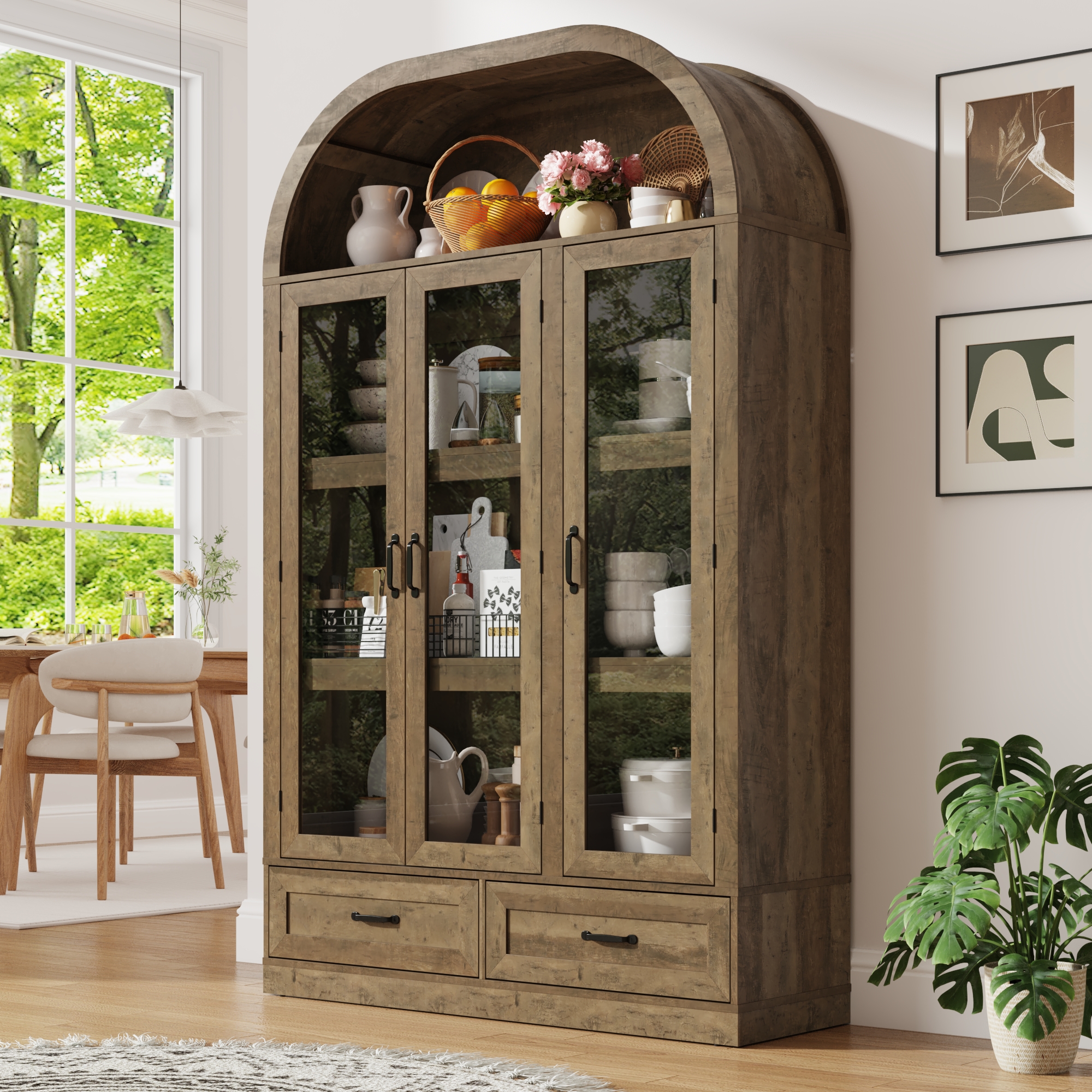 Blotout 3 Door Arched Kitchen Pantry Storage Cabinet, 73" Tall Farmhouse Wood Pantry Arched Cabinet with Drawer, Glass Door and Load-Bearing Steel Pipe for Dining Room Living Room