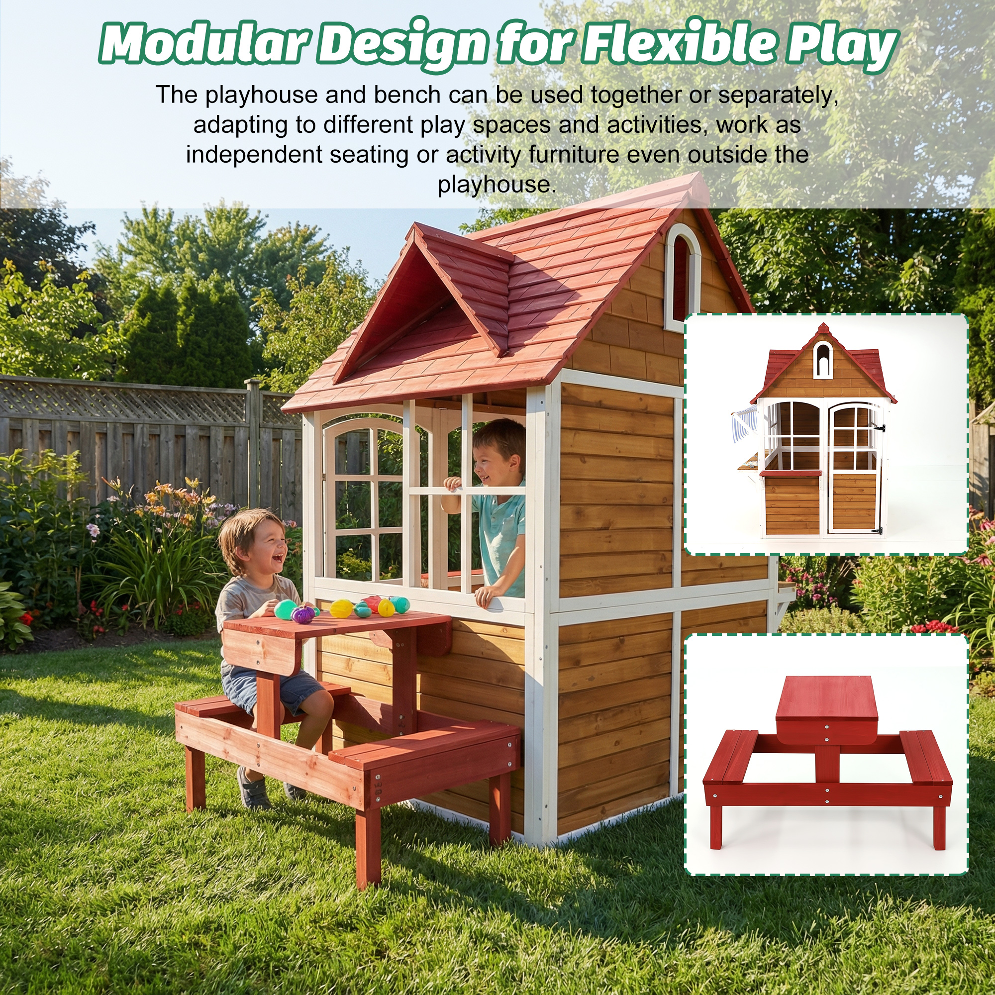 ANPOO Outdoor Wooden Kids Playhouse, Large Play House with Bench/Table/Kitchen/Flower Pot Holders/Toys, Outdoor Play Toy Gift for Ages 3+