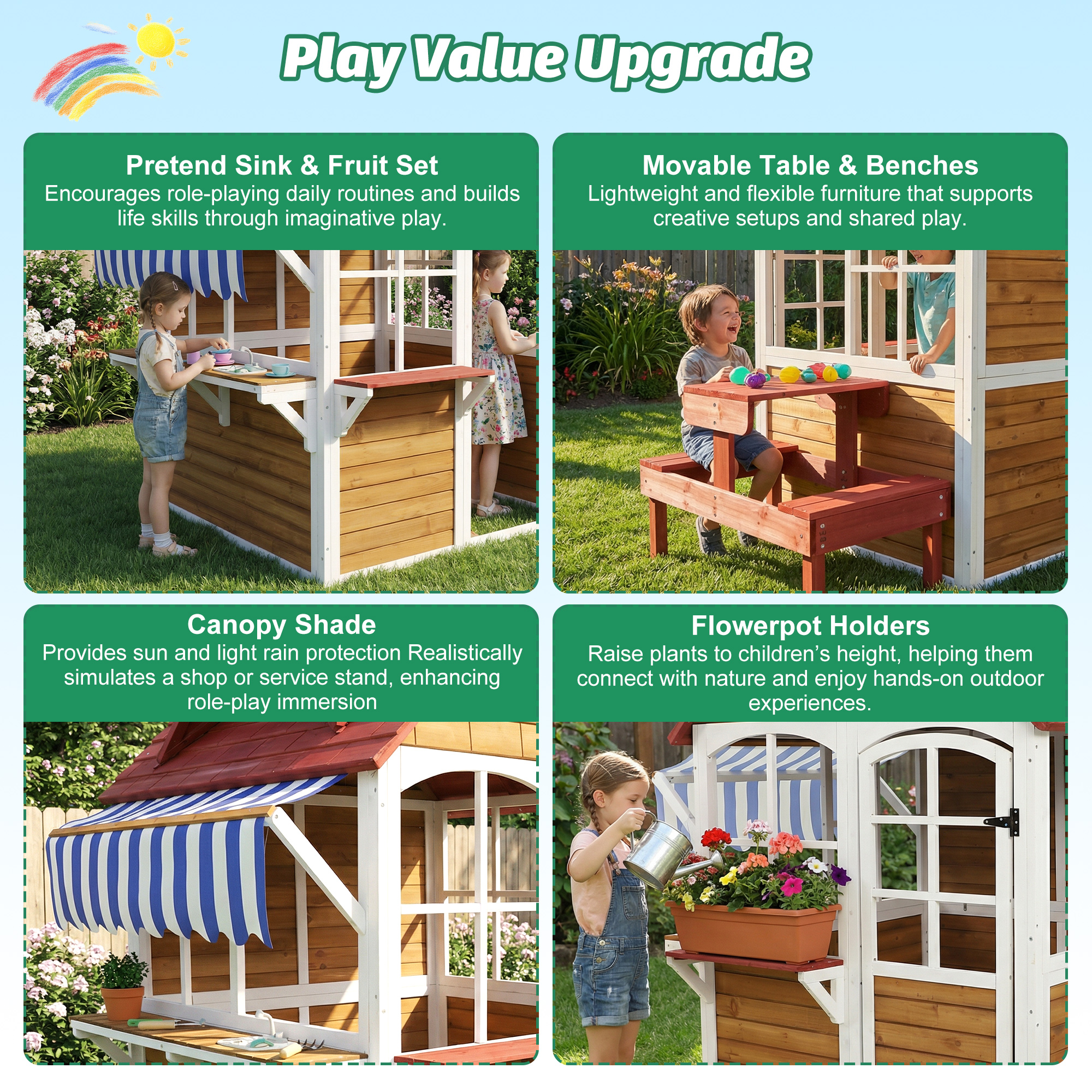 ANPOO Outdoor Wooden Kids Playhouse, Large Play House with Bench/Table/Kitchen/Flower Pot Holders/Toys, Outdoor Play Toy Gift for Ages 3+