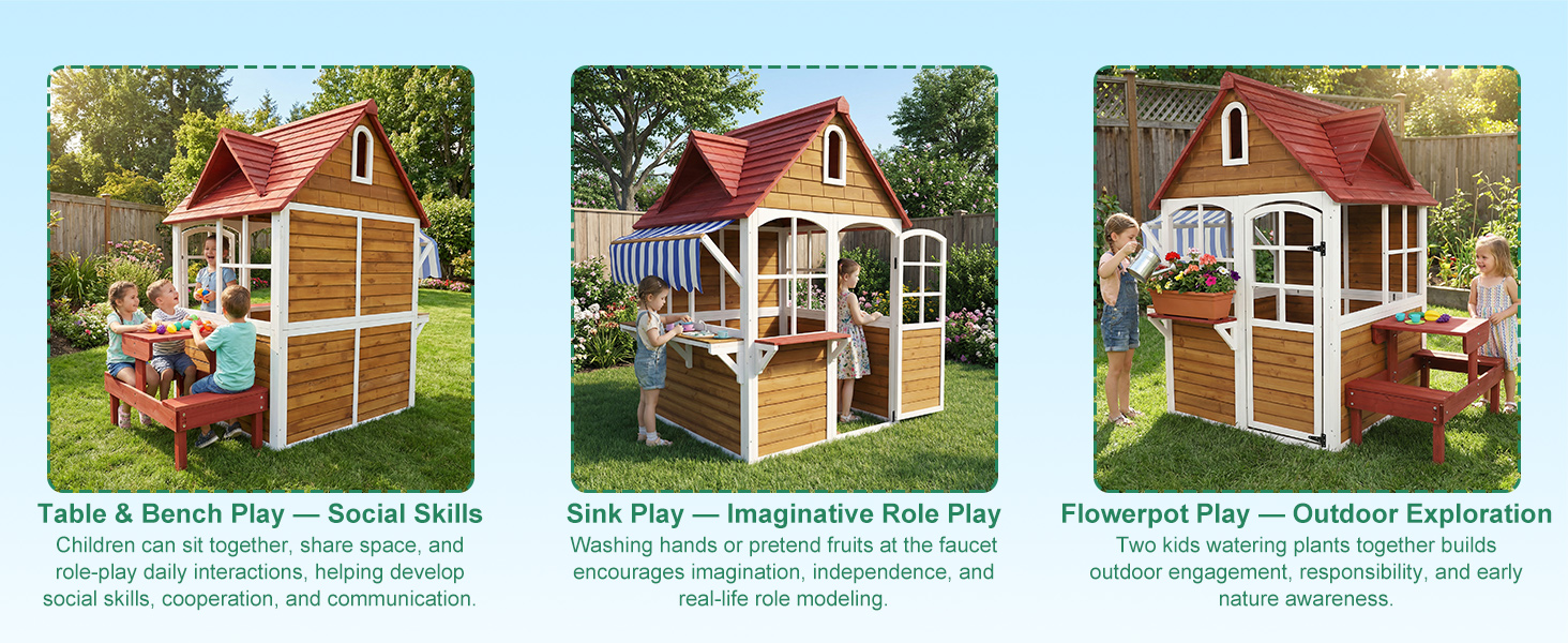 ANPOO Outdoor Wooden Kids Playhouse, Large Play House with Bench/Table/Kitchen/Flower Pot Holders/Toys, Outdoor Play Toy Gift for Ages 3+