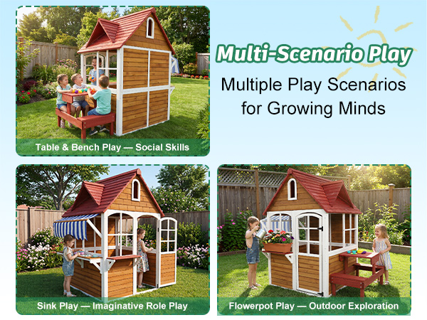 ANPOO Outdoor Wooden Kids Playhouse, Large Play House with Bench/Table/Kitchen/Flower Pot Holders/Toys, Outdoor Play Toy Gift for Ages 3+