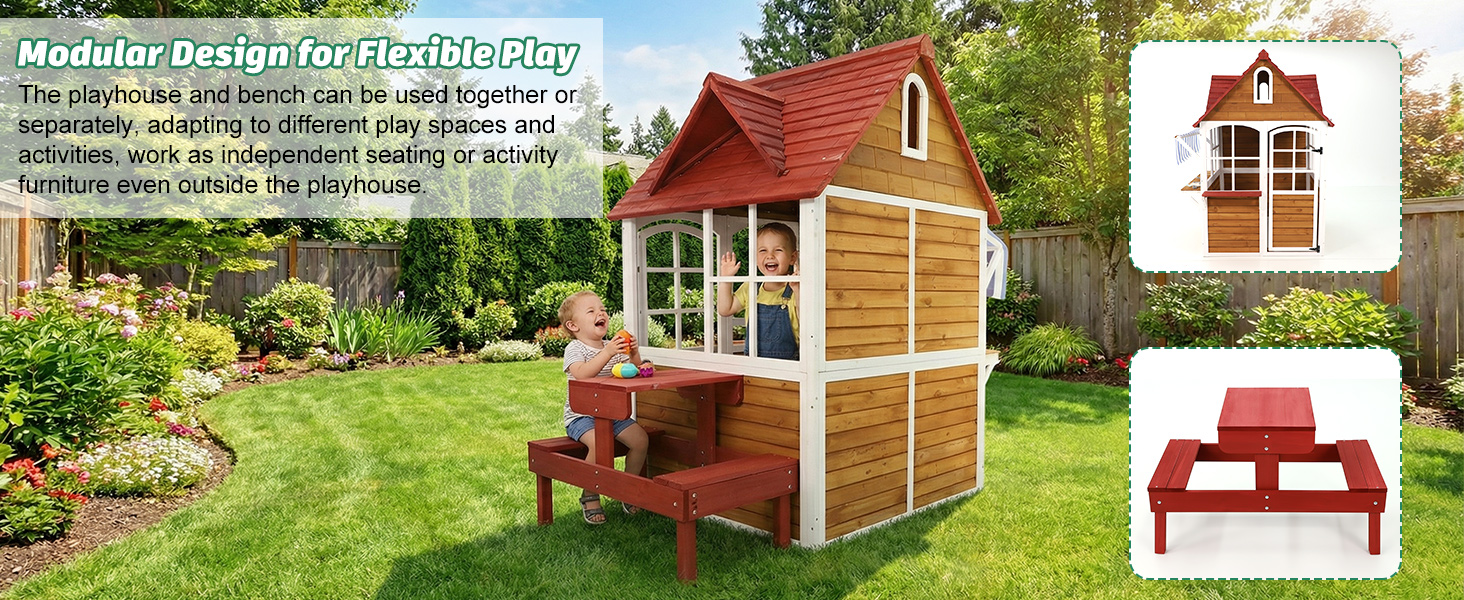 ANPOO Outdoor Wooden Kids Playhouse, Large Play House with Bench/Table/Kitchen/Flower Pot Holders/Toys, Outdoor Play Toy Gift for Ages 3+