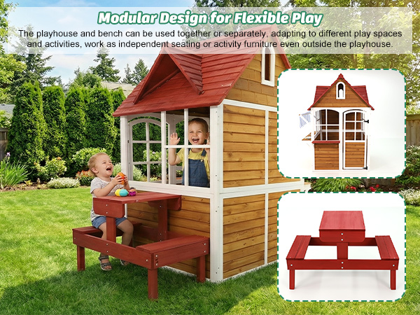 ANPOO Outdoor Wooden Kids Playhouse, Large Play House with Bench/Table/Kitchen/Flower Pot Holders/Toys, Outdoor Play Toy Gift for Ages 3+