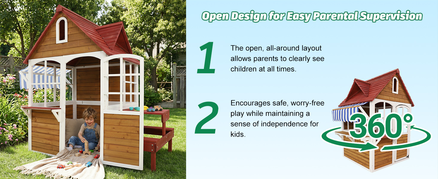 ANPOO Outdoor Wooden Kids Playhouse, Large Play House with Bench/Table/Kitchen/Flower Pot Holders/Toys, Outdoor Play Toy Gift for Ages 3+