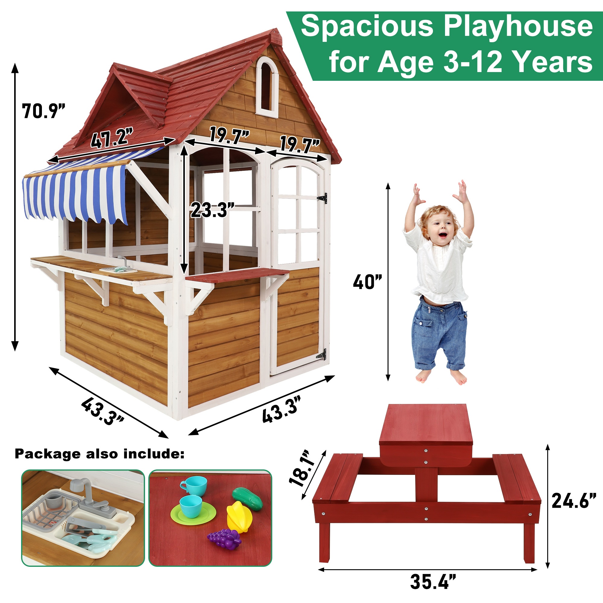 ANPOO Outdoor Wooden Kids Playhouse, Large Play House with Bench/Table/Kitchen/Flower Pot Holders/Toys, Outdoor Play Toy Gift for Ages 3+
