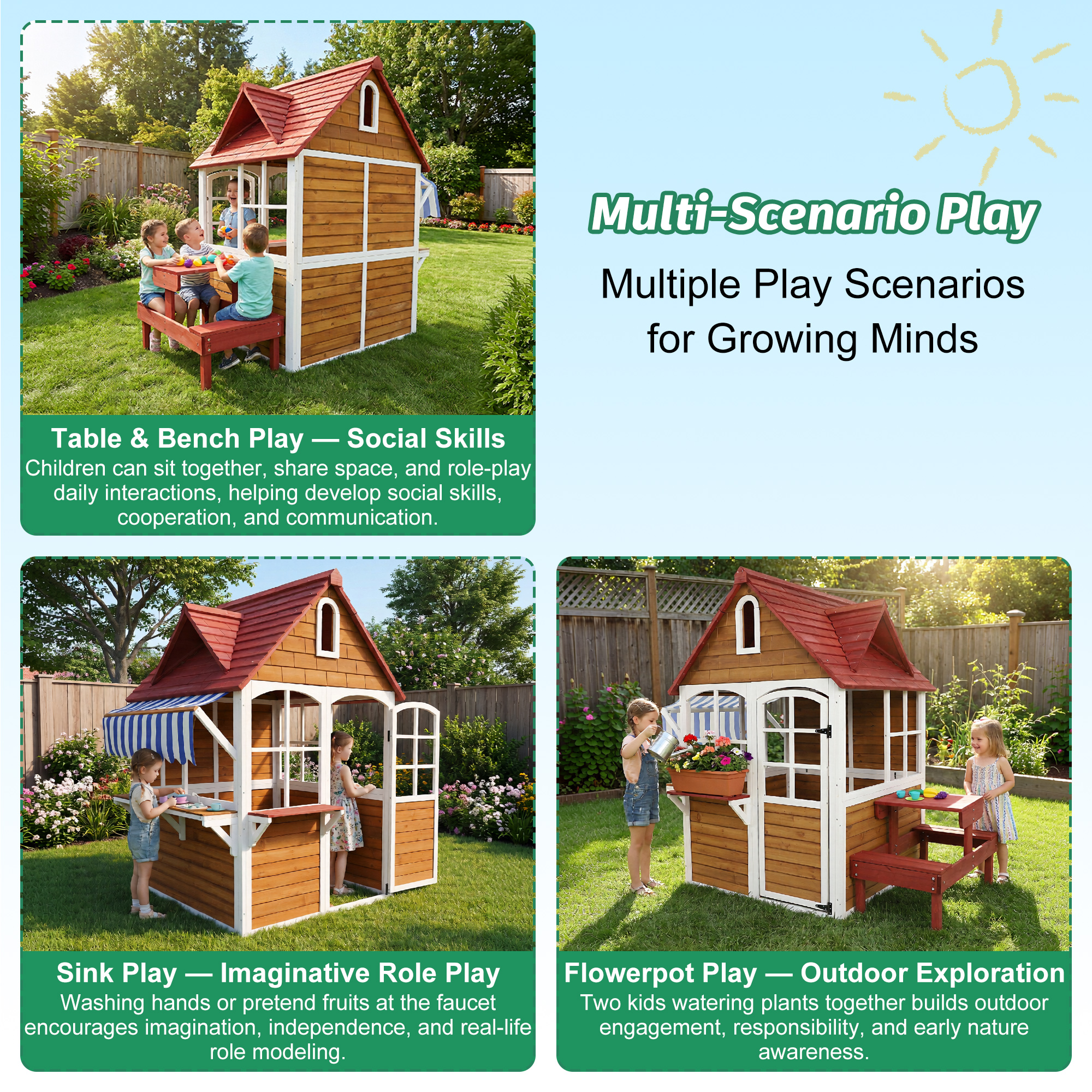 ANPOO Outdoor Wooden Kids Playhouse, Large Play House with Bench/Table/Kitchen/Flower Pot Holders/Toys, Outdoor Play Toy Gift for Ages 3+