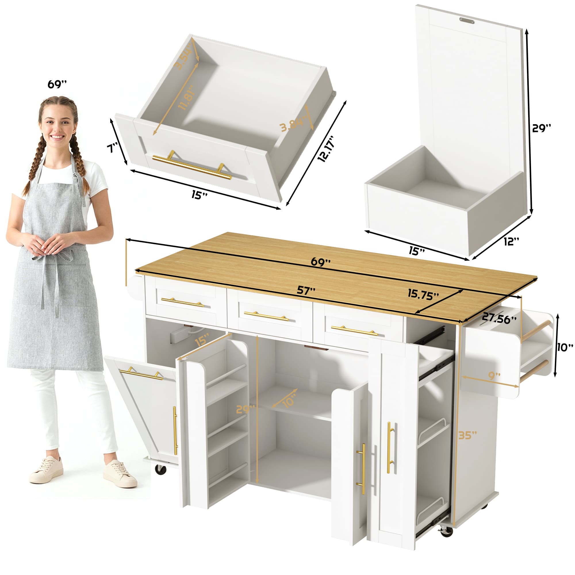 69" Rolling Kitchen Island w/ Drop Leaf & Trash Can Storage