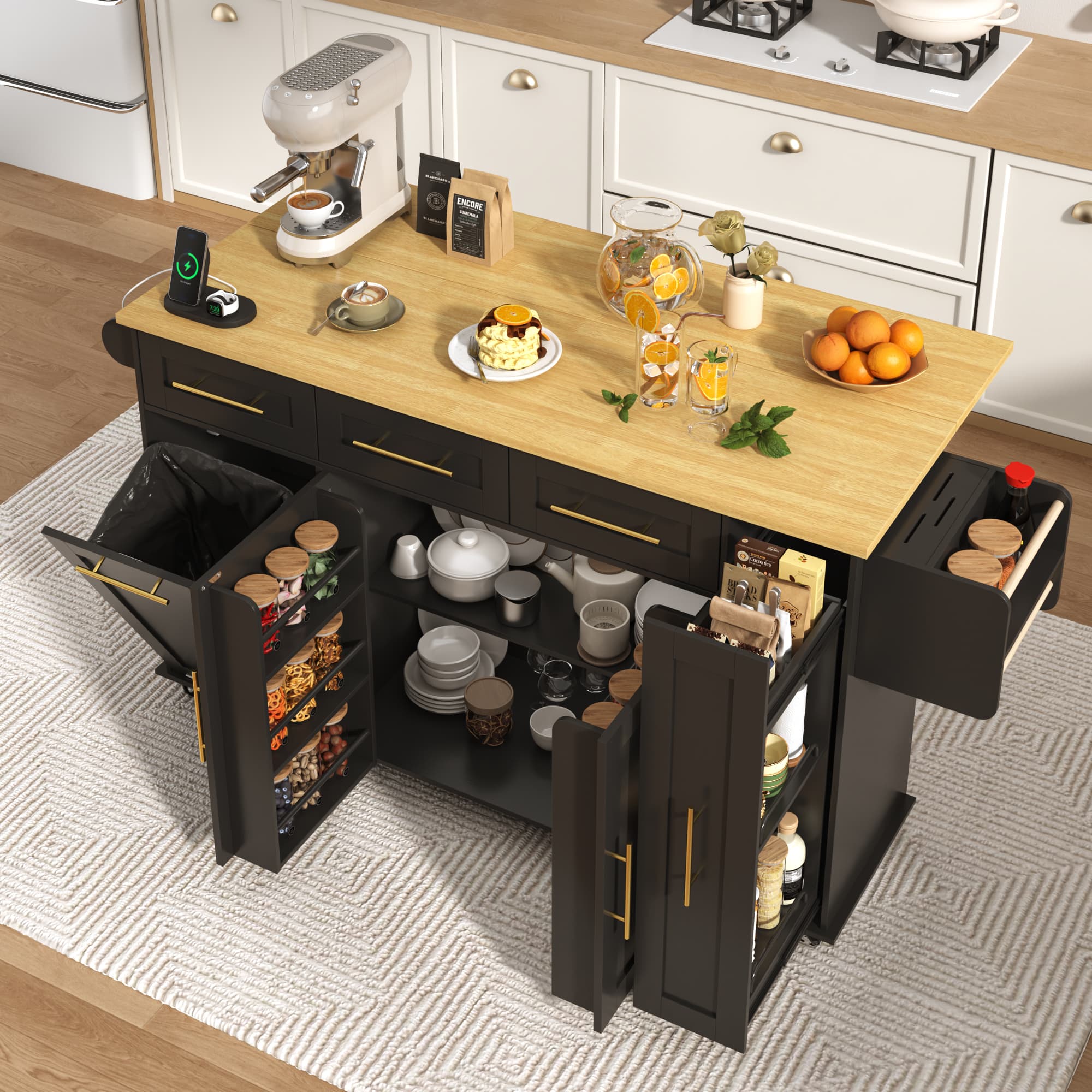 69" Rolling Kitchen Island w/ Drop Leaf & Trash Can Storage