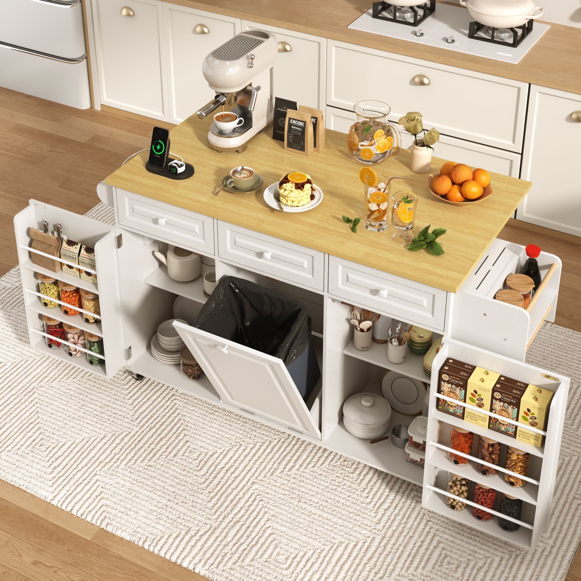 ANPOO 63" Rolling Large Kitchen Island Cart with Sliding Drop Leaf, Trash Can Storage & Power Outlet, 7 Spice Racks