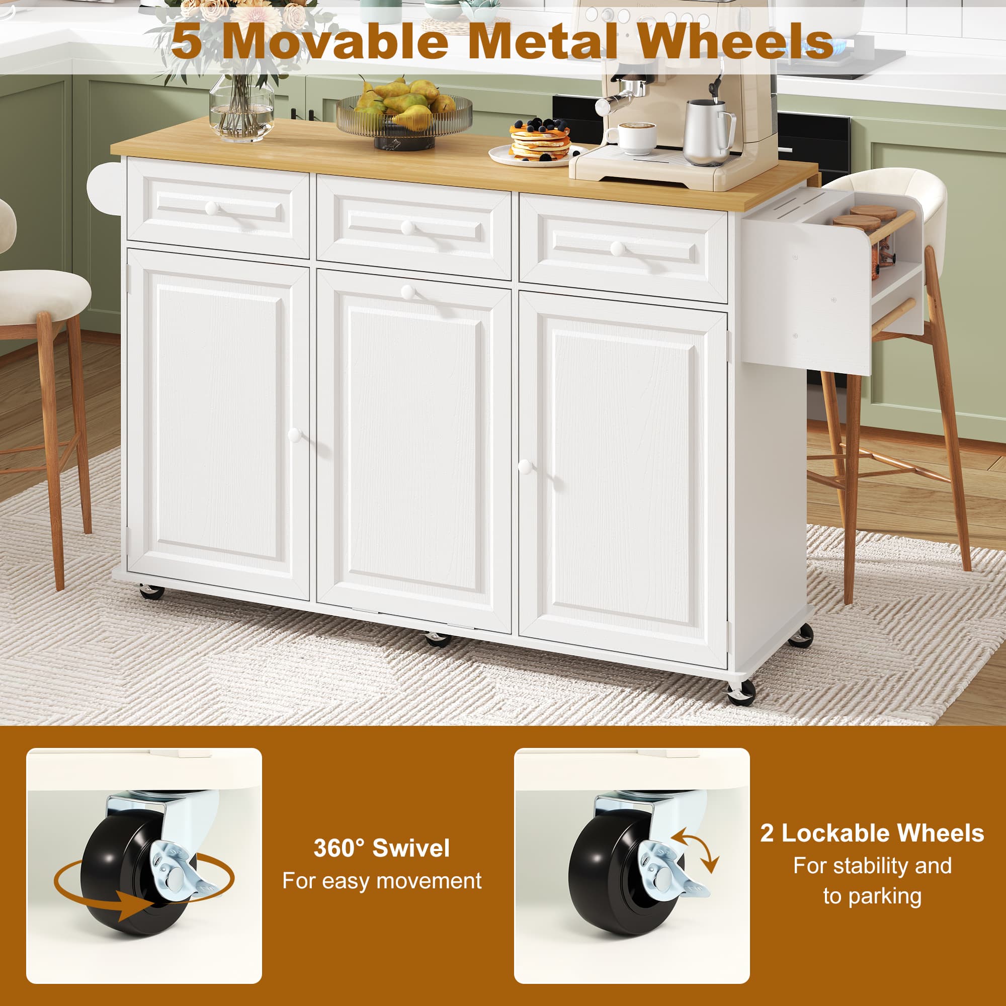ANPOO 63" Rolling Large Kitchen Island Cart with Sliding Drop Leaf, Trash Can Storage & Power Outlet, 7 Spice Racks