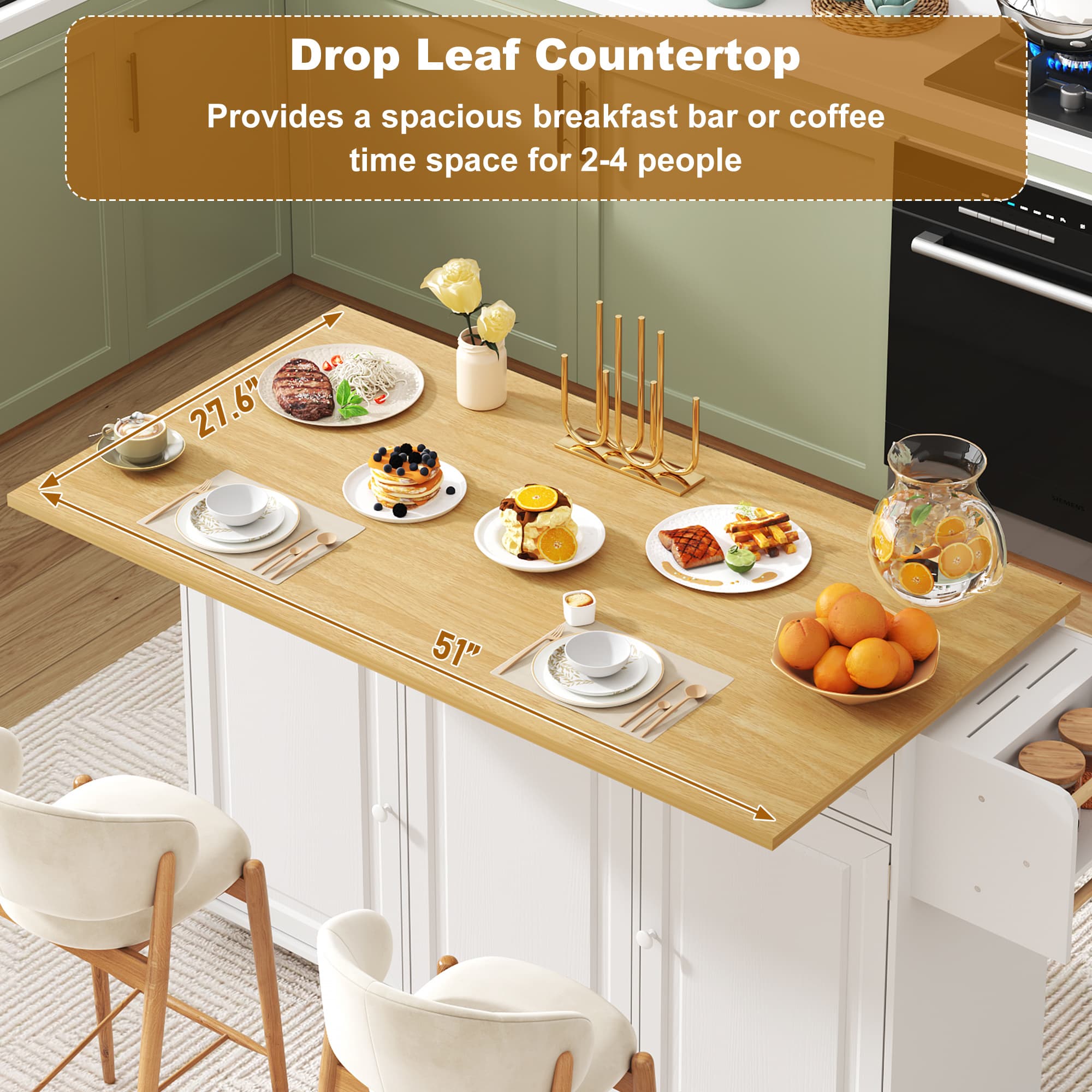 ANPOO 63" Rolling Large Kitchen Island Cart with Sliding Drop Leaf, Trash Can Storage & Power Outlet, 7 Spice Racks