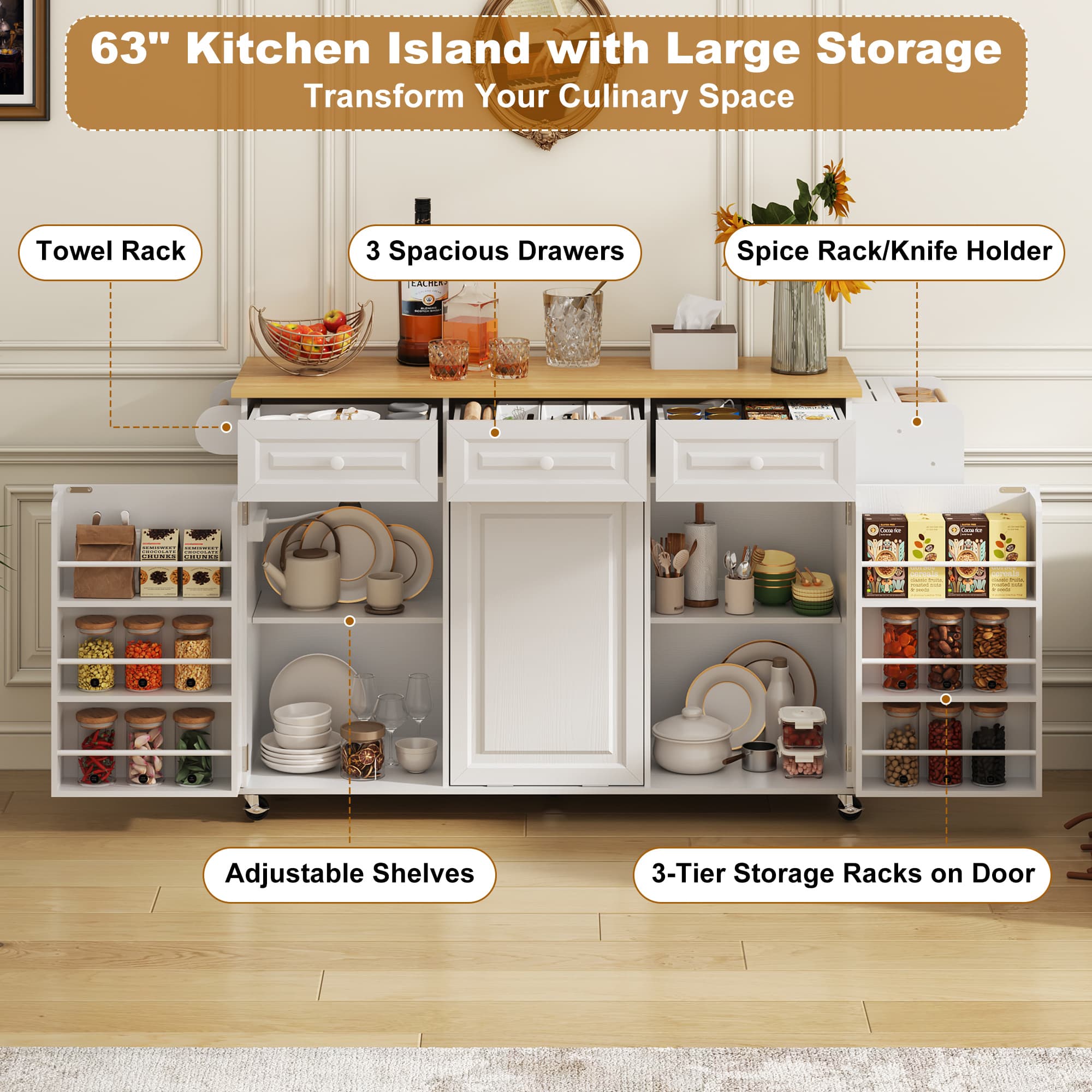 ANPOO 63" Rolling Large Kitchen Island Cart with Sliding Drop Leaf, Trash Can Storage & Power Outlet, 7 Spice Racks