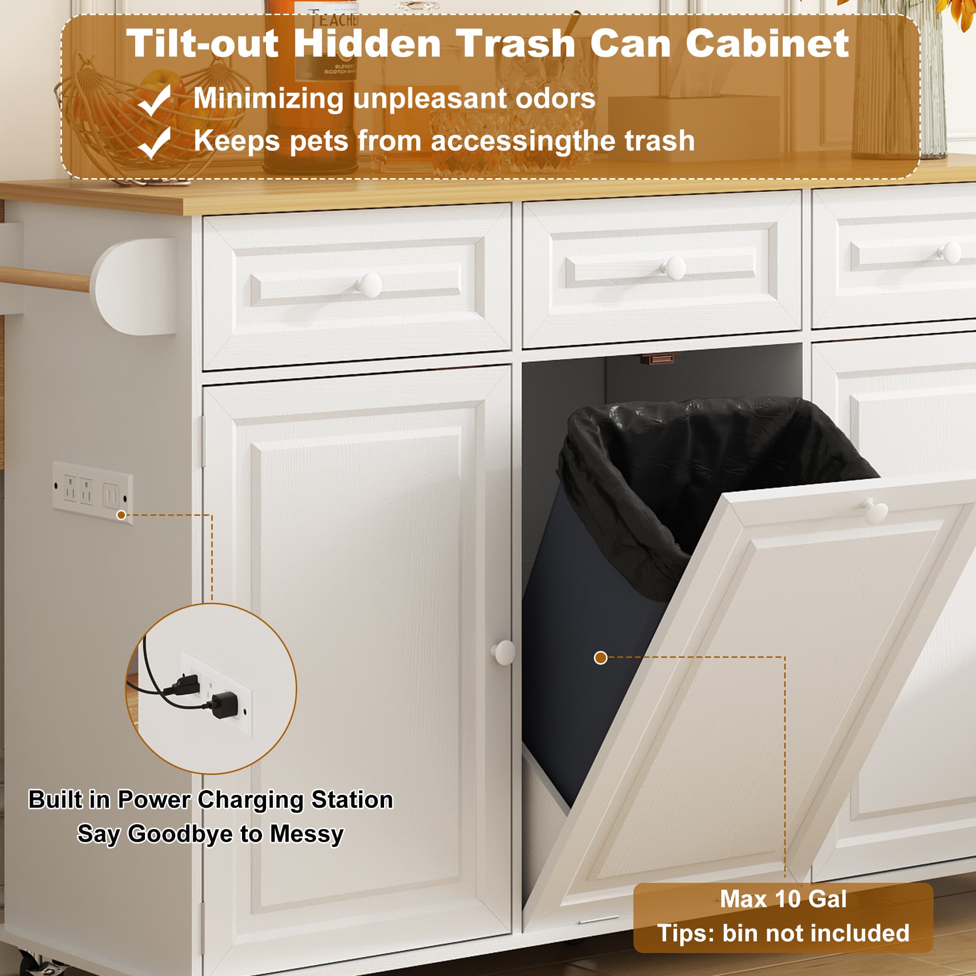 ANPOO 63" Rolling Large Kitchen Island Cart with Sliding Drop Leaf, Trash Can Storage & Power Outlet, 7 Spice Racks