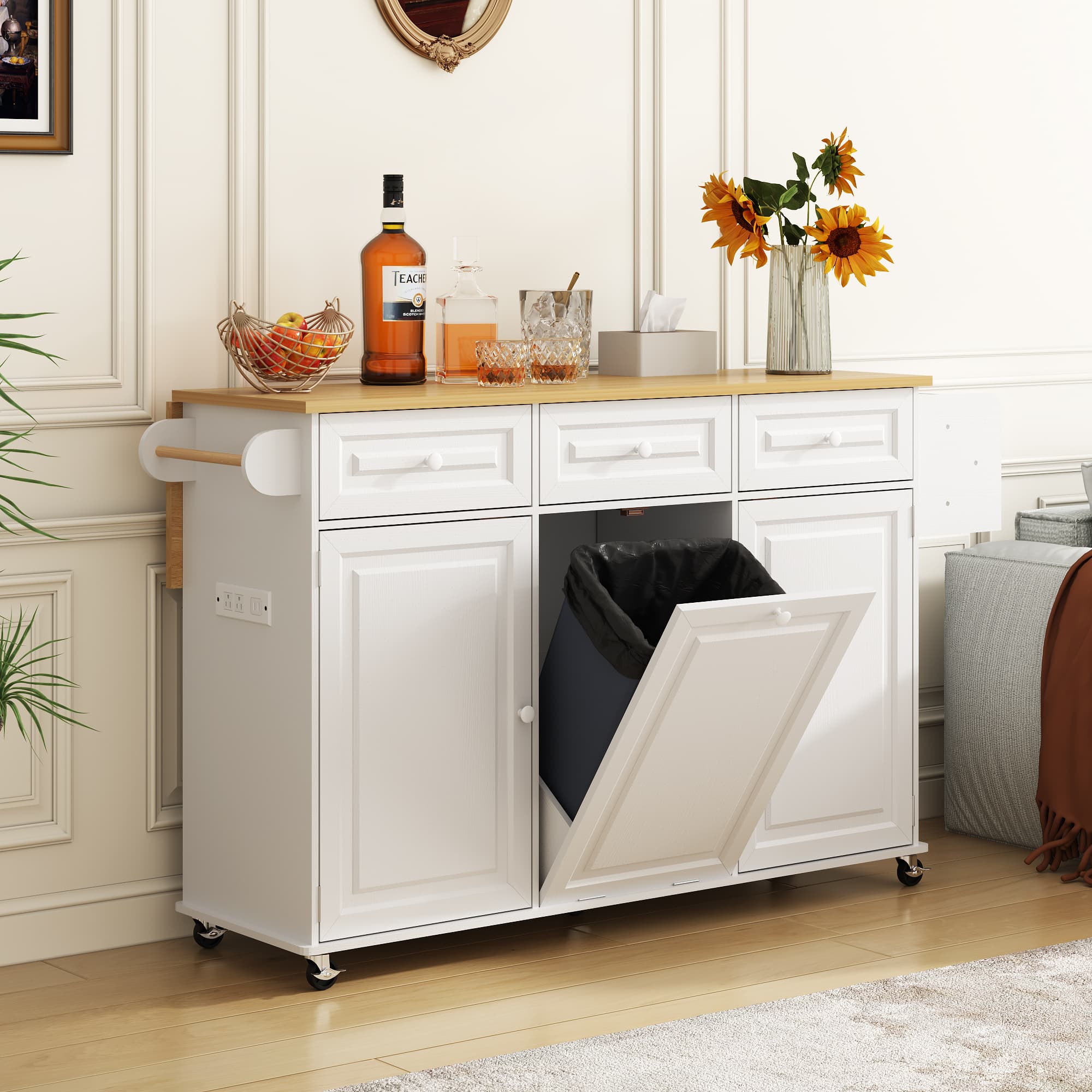 ANPOO 63" Rolling Large Kitchen Island Cart with Sliding Drop Leaf, Trash Can Storage & Power Outlet, 7 Spice Racks
