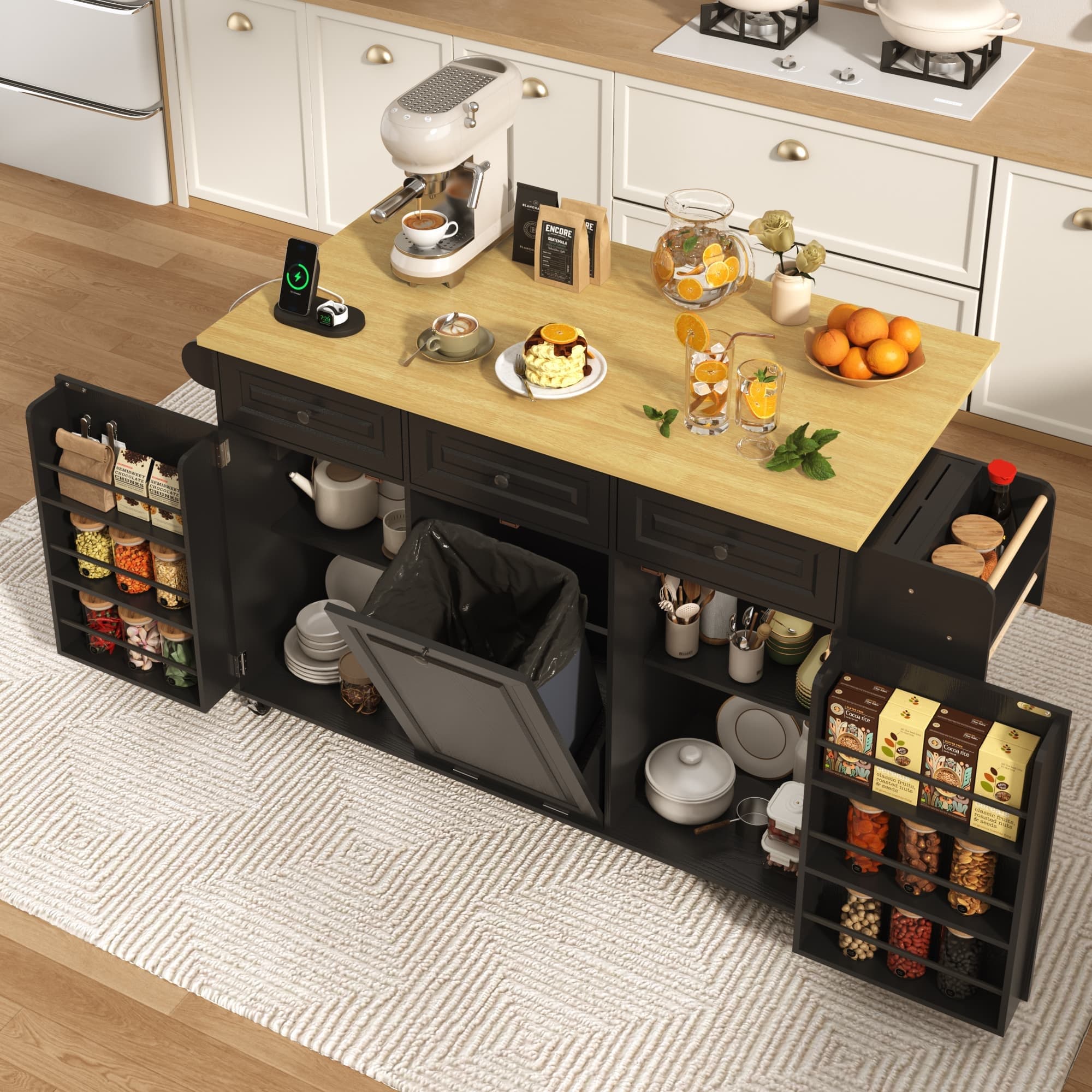 ANPOO 63" Rolling Large Kitchen Island Cart with Sliding Drop Leaf, Trash Can Storage & Power Outlet, 7 Spice Racks