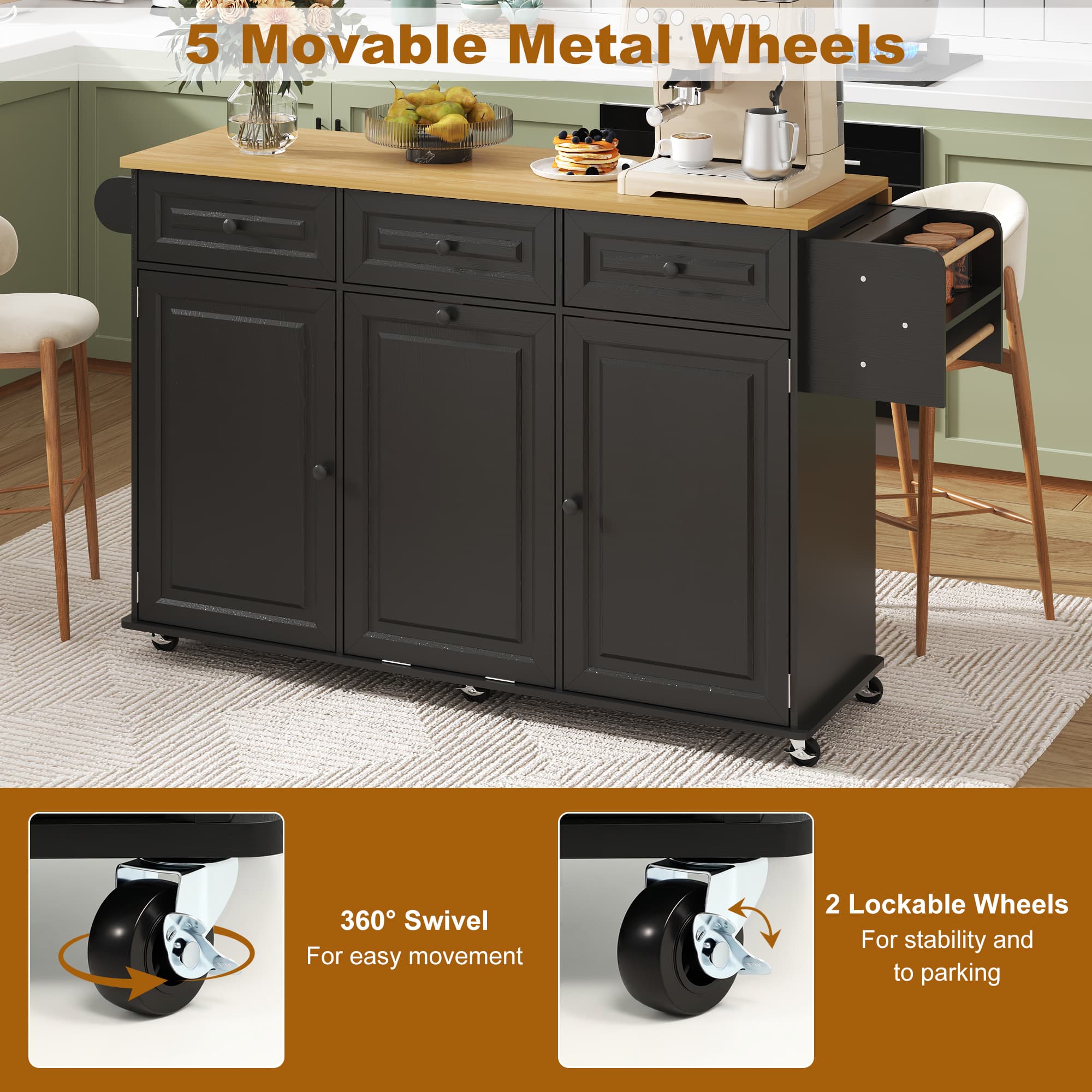 ANPOO 63" Rolling Large Kitchen Island Cart with Sliding Drop Leaf, Trash Can Storage & Power Outlet, 7 Spice Racks