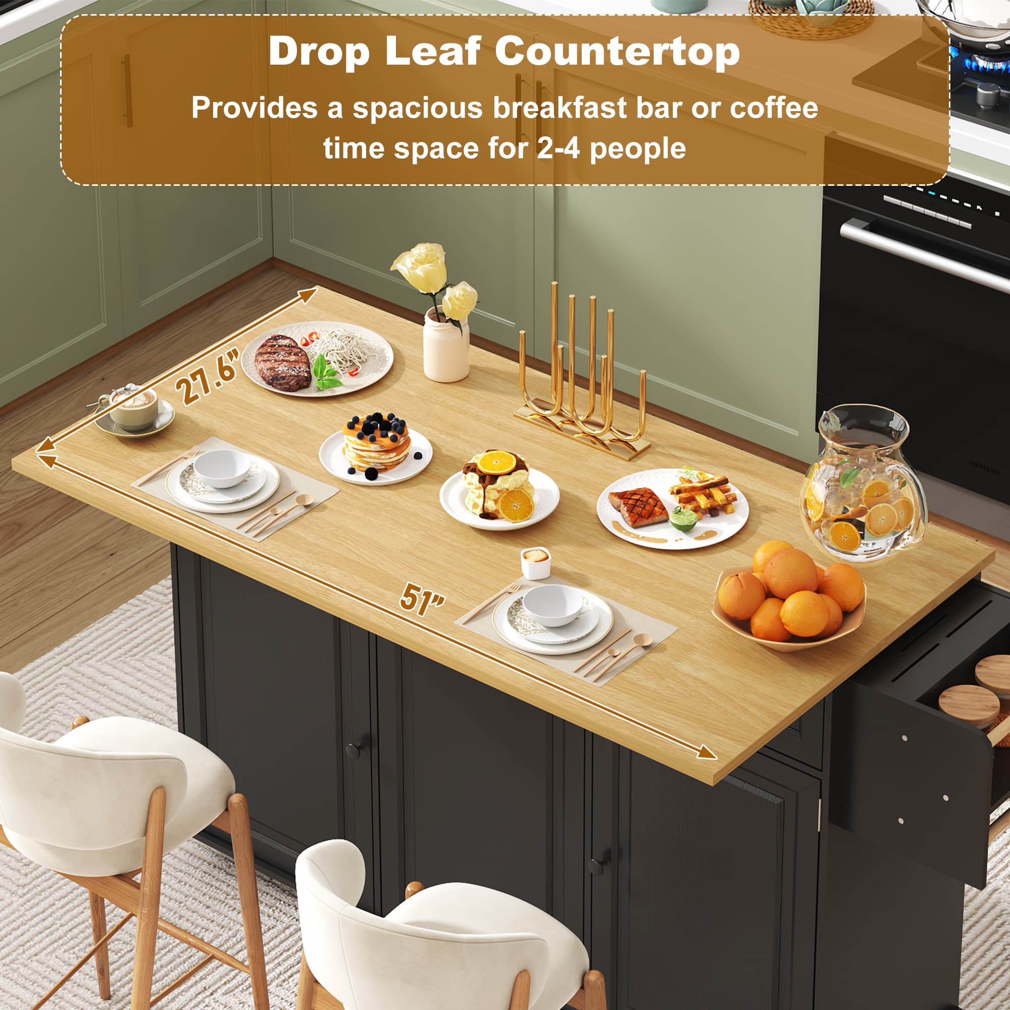 ANPOO 63" Rolling Large Kitchen Island Cart with Sliding Drop Leaf, Trash Can Storage & Power Outlet, 7 Spice Racks