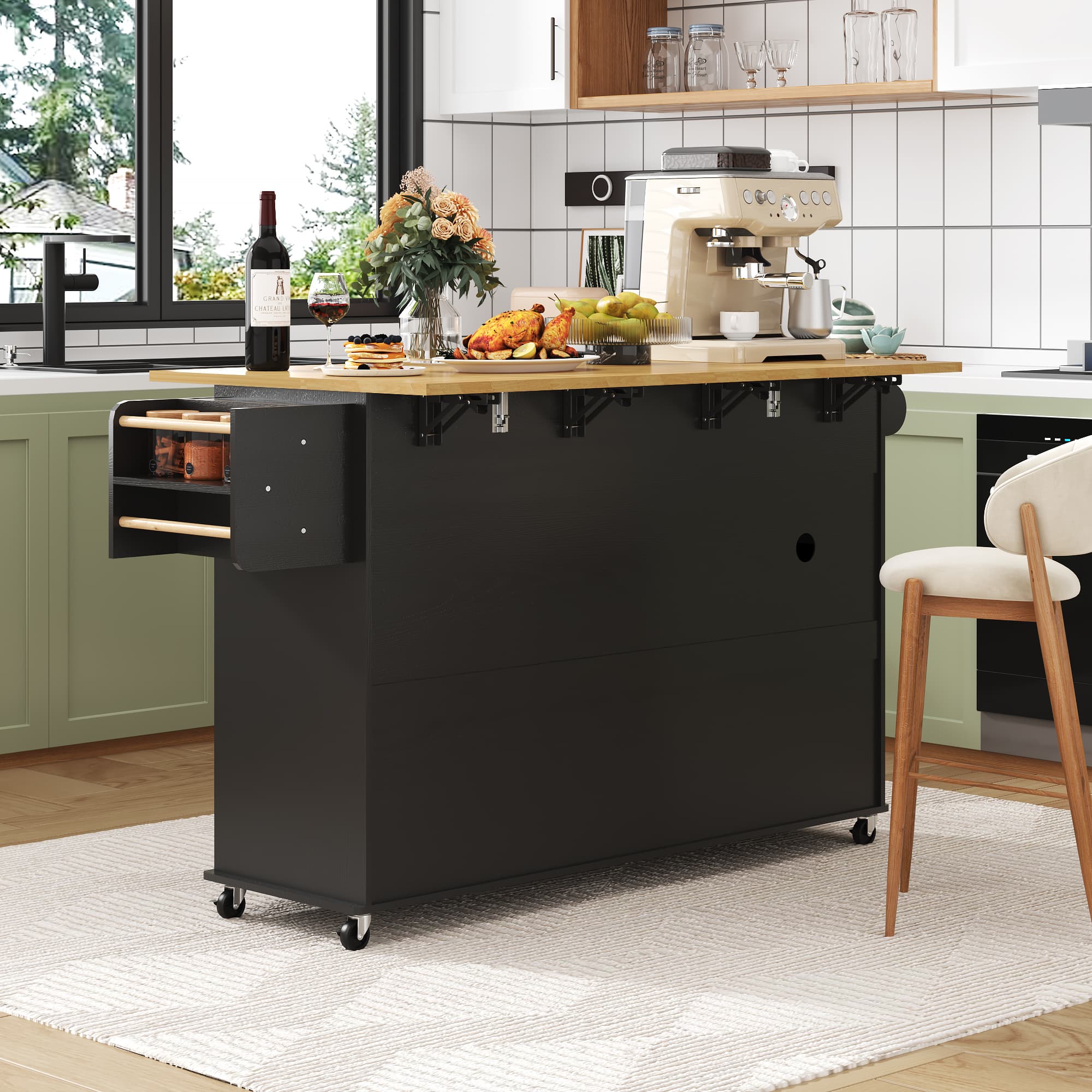 ANPOO 63" Rolling Large Kitchen Island Cart with Sliding Drop Leaf, Trash Can Storage & Power Outlet, 7 Spice Racks