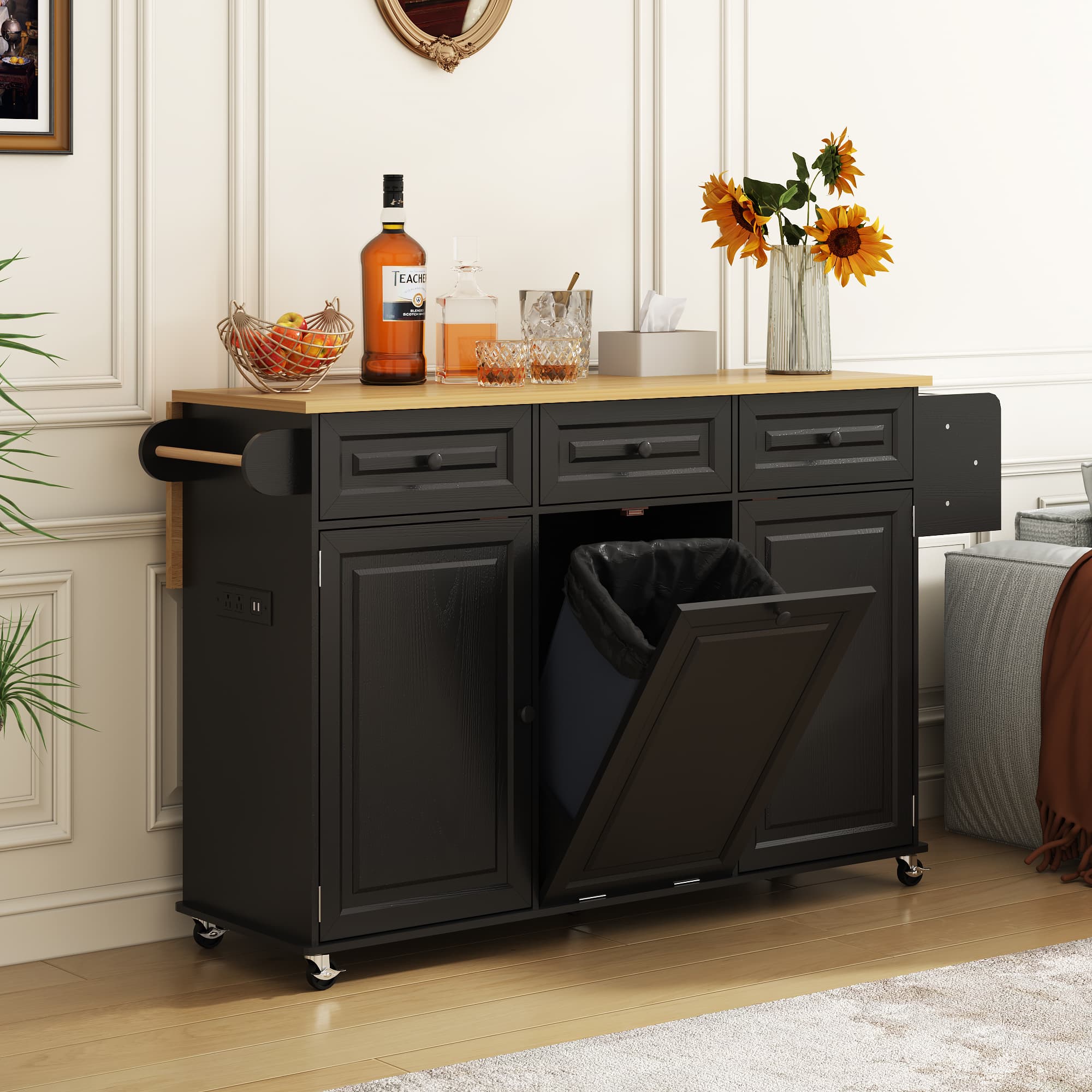 ANPOO 63" Rolling Large Kitchen Island Cart with Sliding Drop Leaf, Trash Can Storage & Power Outlet, 7 Spice Racks