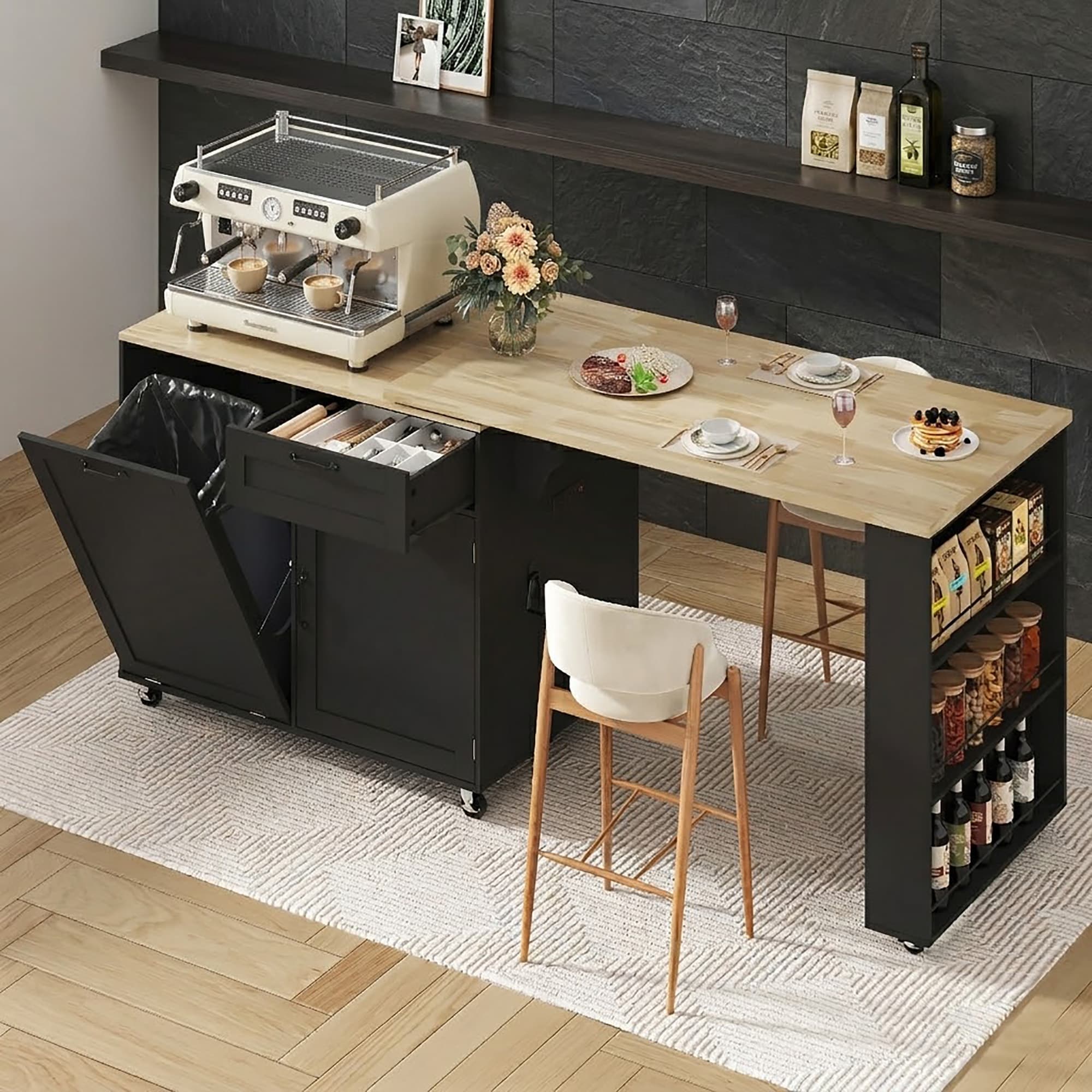 Rolling Kitchen Island with 360° Rotating Extendable Dining Table