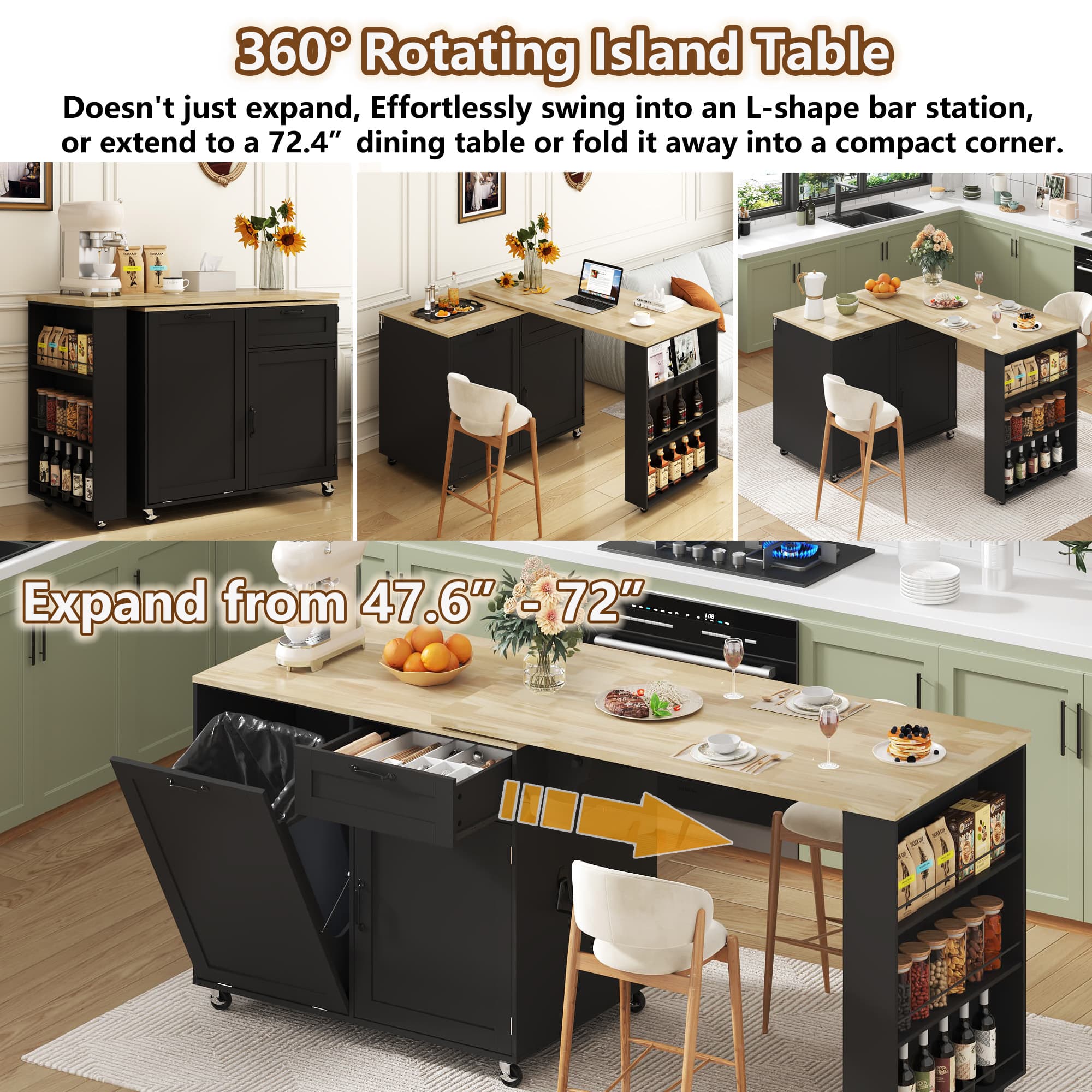 Rolling Kitchen Island with 360° Rotating Extendable Dining Table