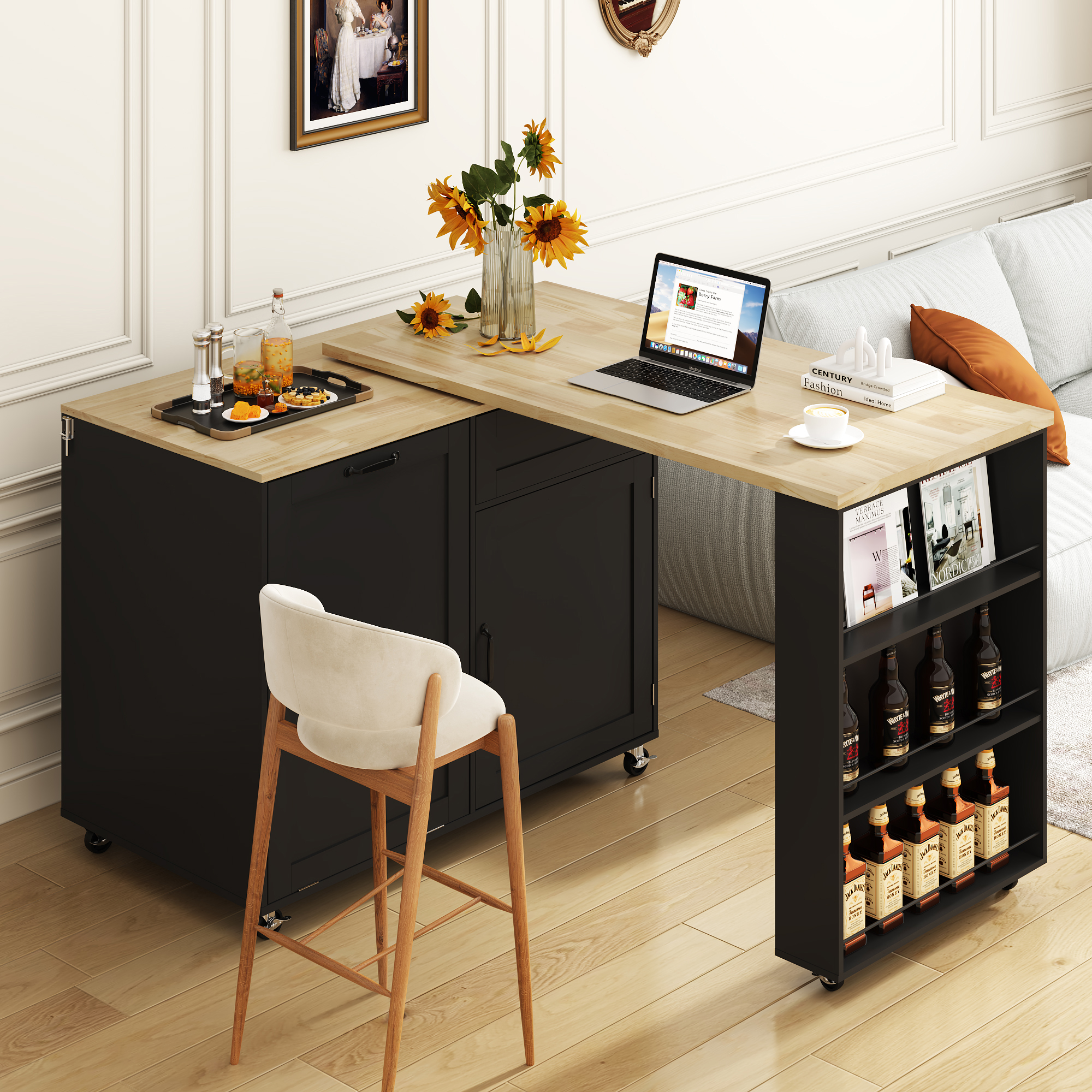 ANPOO 360° Rotating Rolling Kitchen Island Cart with Tilt-Out Trash Bin, Extendable Table, Spice Rack, Storage Cabinet & Drawer, Lockable Wheels, Modern Wooden Cart for Kitchens & Dining Rooms