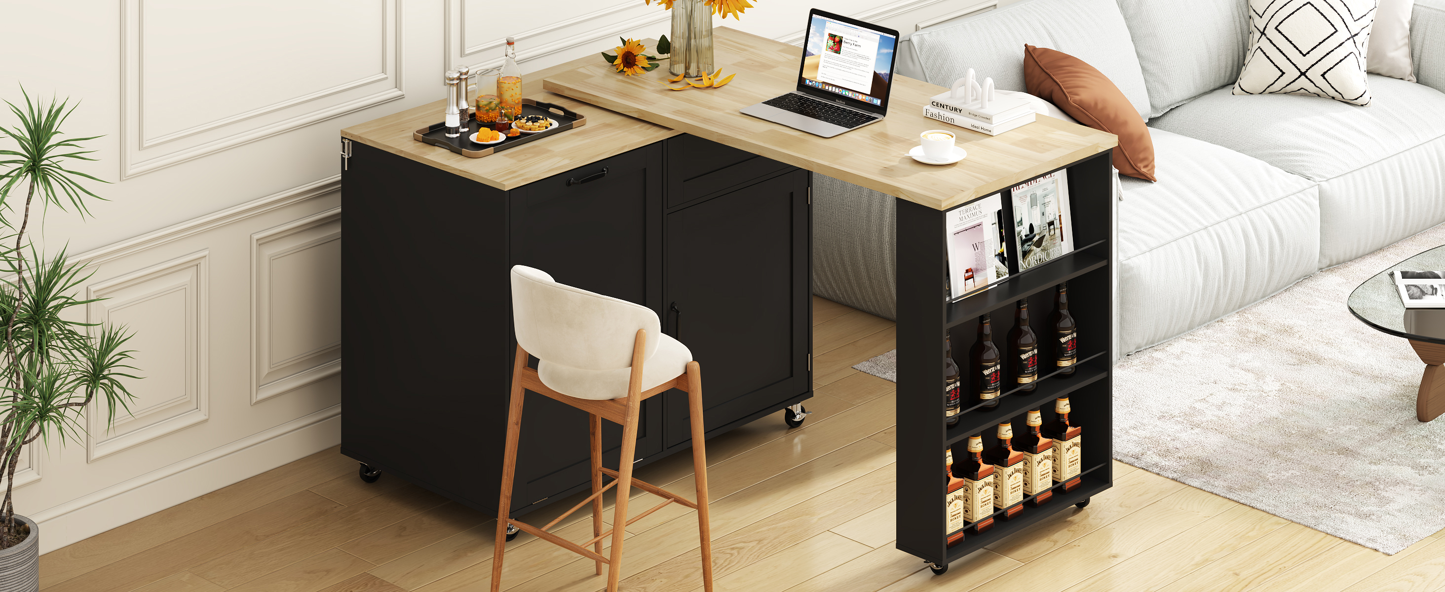 ANPOO 360° Rotating Rolling Kitchen Island Cart with Tilt-Out Trash Bin, Extendable Table, Spice Rack, Storage Cabinet & Drawer, Lockable Wheels, Modern Wooden Cart for Kitchens & Dining Rooms