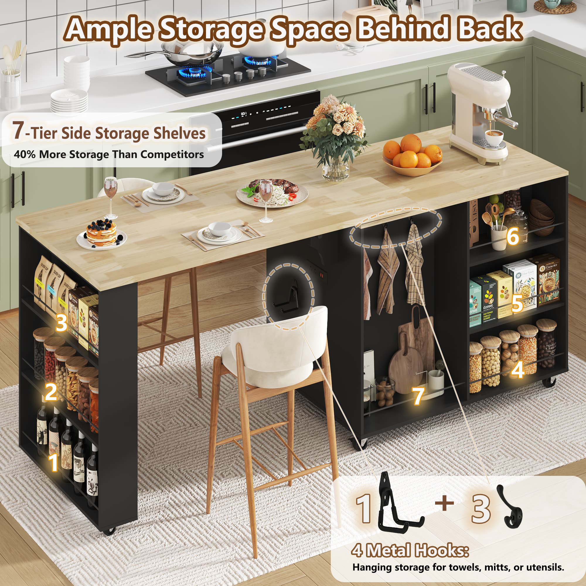 Rolling Kitchen Island with 360° Rotating Extendable Dining Table