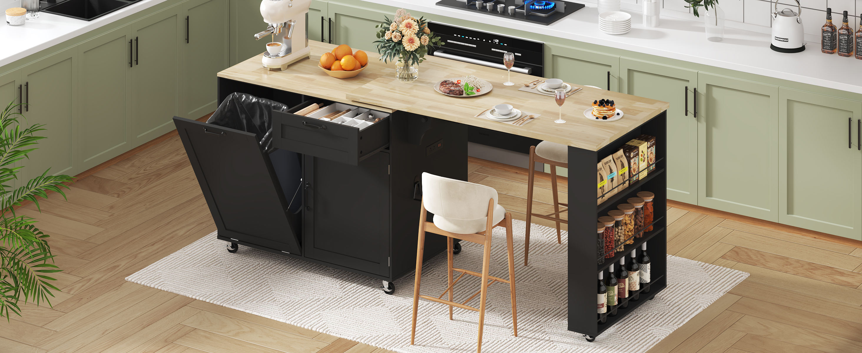 ANPOO 360° Rotating Rolling Kitchen Island Cart with Tilt-Out Trash Bin, Extendable Table, Spice Rack, Storage Cabinet & Drawer, Lockable Wheels, Modern Wooden Cart for Kitchens & Dining Rooms