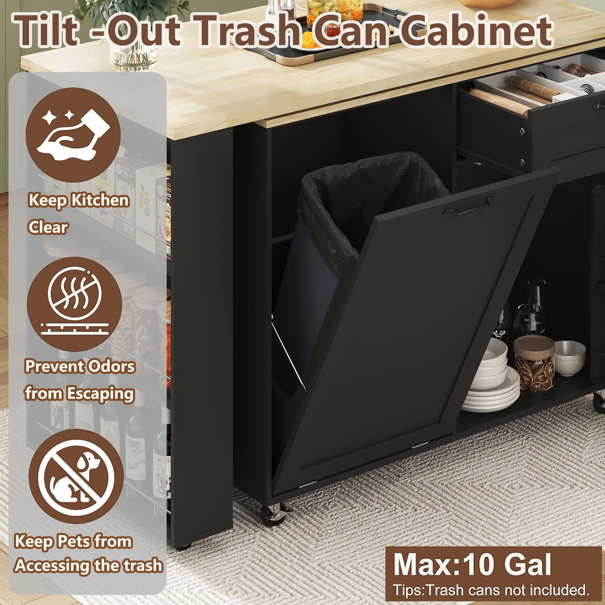 Rolling Kitchen Island with 360° Rotating Extendable Dining Table
